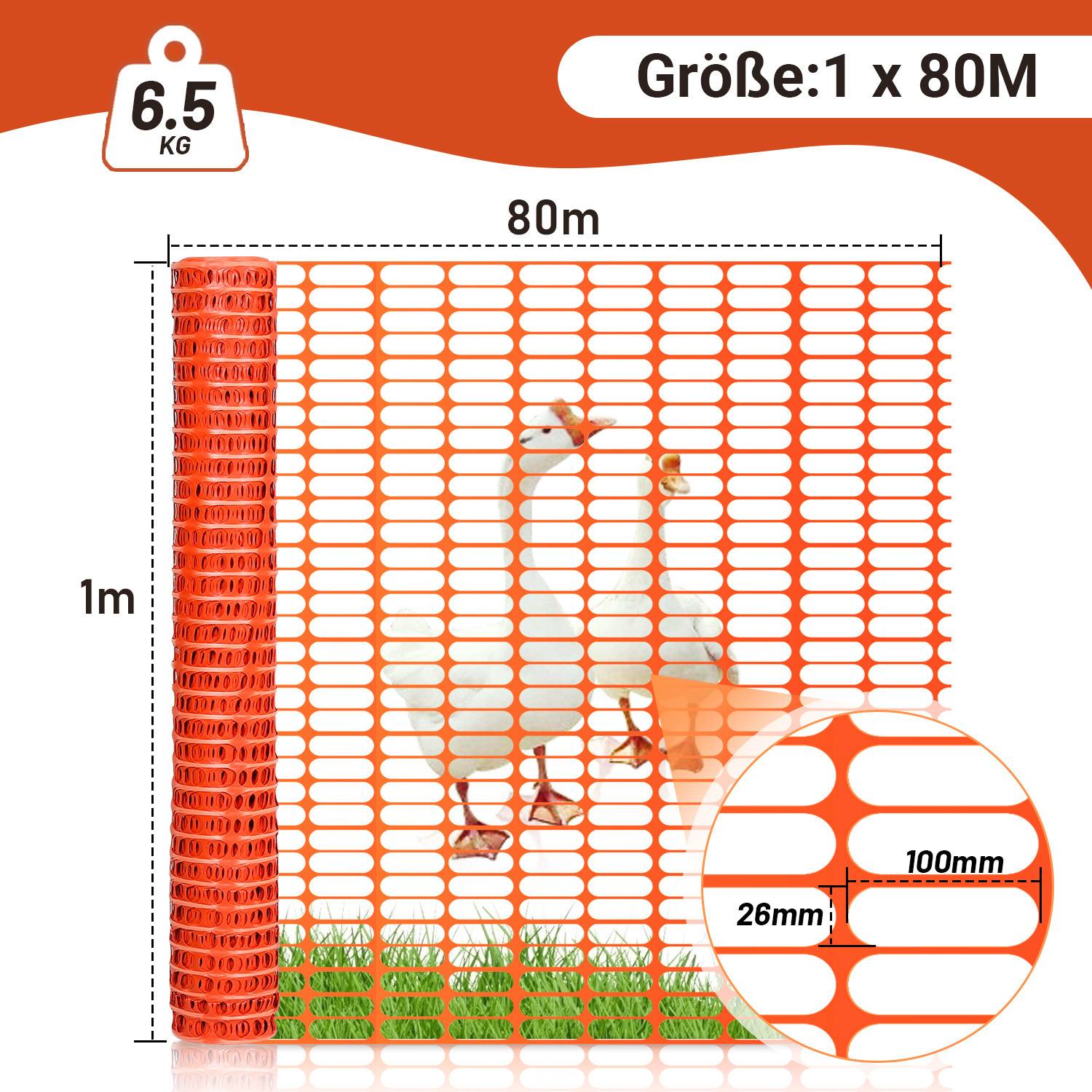 Orangefarbenes Sicherheitszaunband, 1m Höhe und 80m Länge, Gewicht 6,5kg. Maschenweite wie abgebildet: 100mm x 26mm.