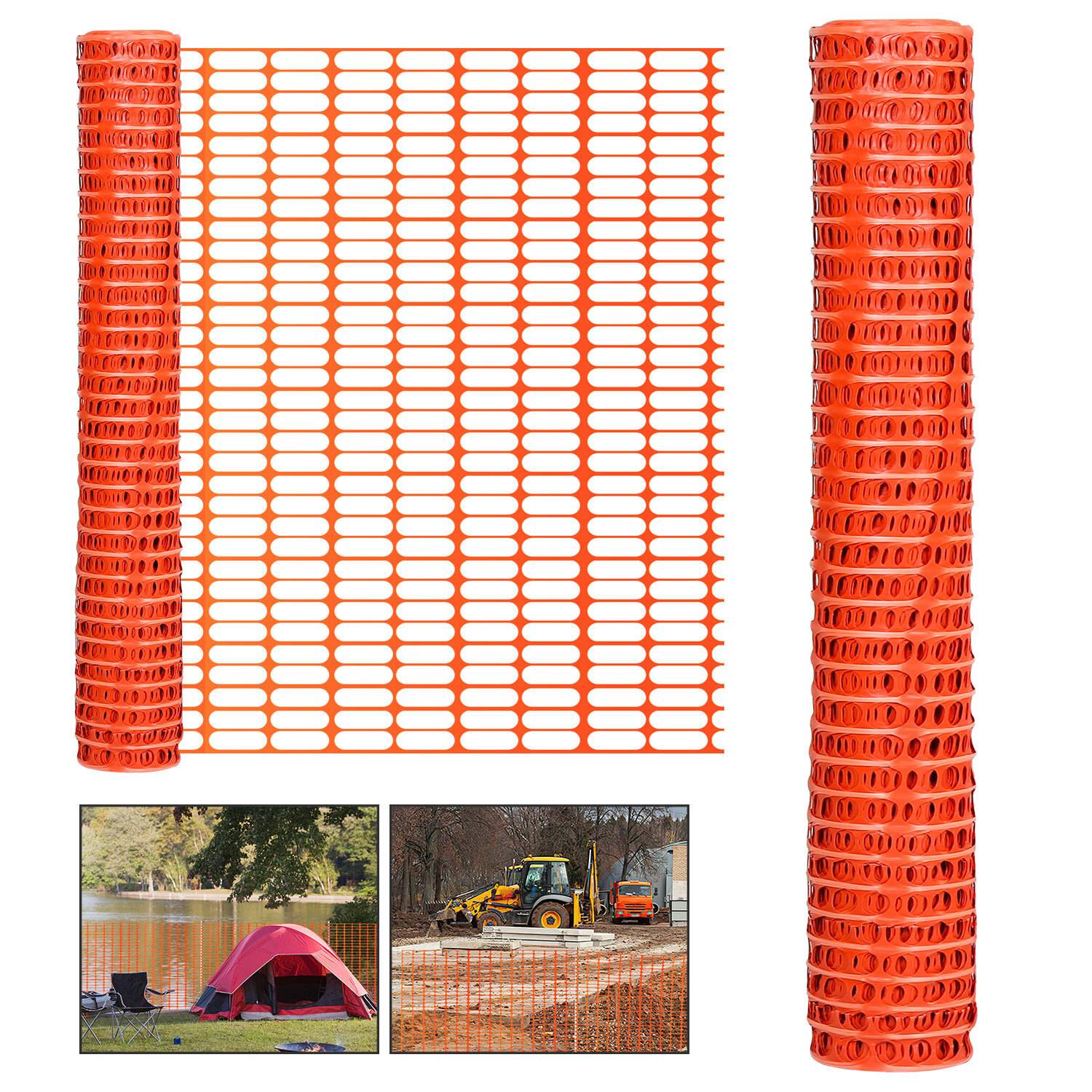 Rollen aus orangefarbenem Kunststoffbauzaun mit Anwendungsbeispielen: Umzäunung eines Campingplatzes an einem See und Absperrung von Baumaschinen.