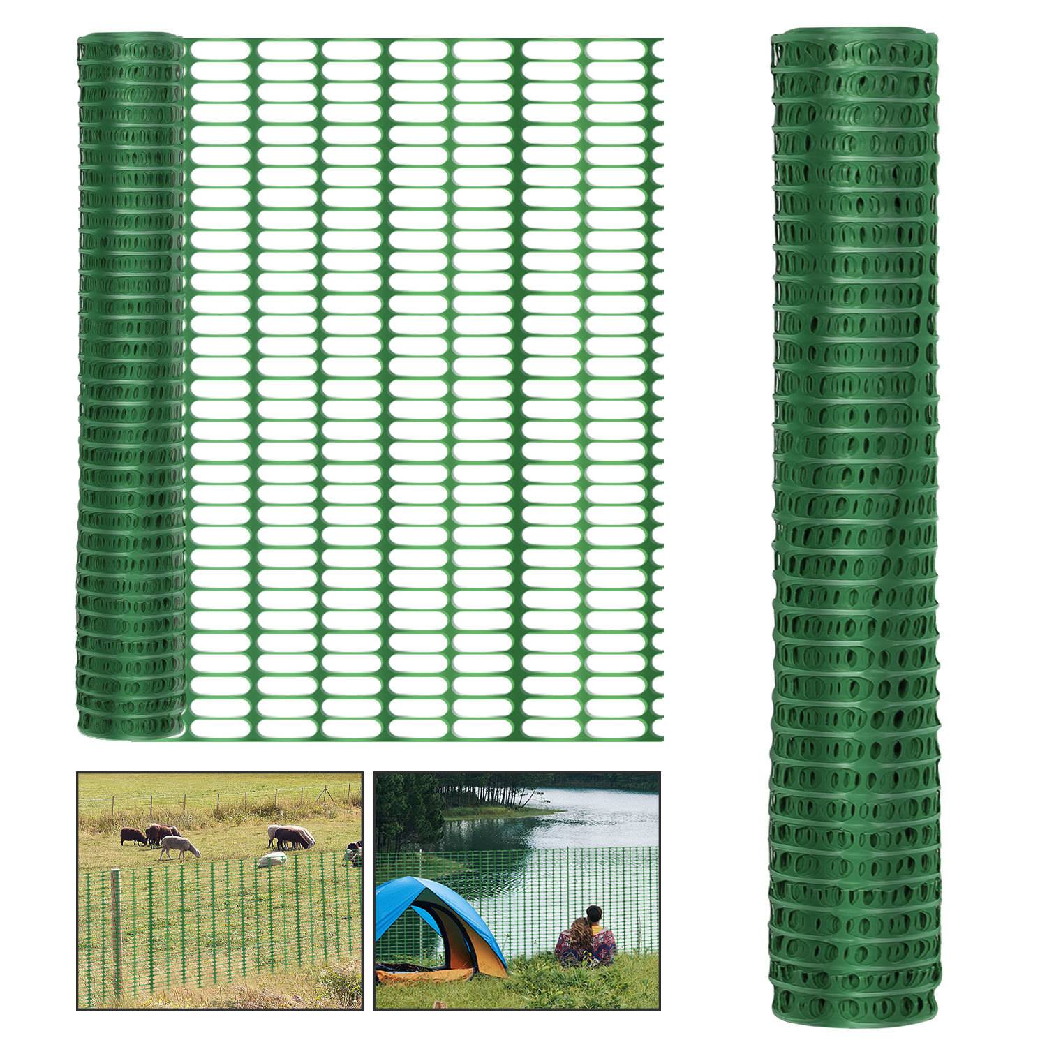 Grüne Kunststoffmaschendrahtzaun-Rolle mit zwei kleinen eingefügten Bildern, die ihre Verwendung zeigen: Einsperrung von Vieh und Umzäunung eines Campingplatzes in der Nähe von Wasser.