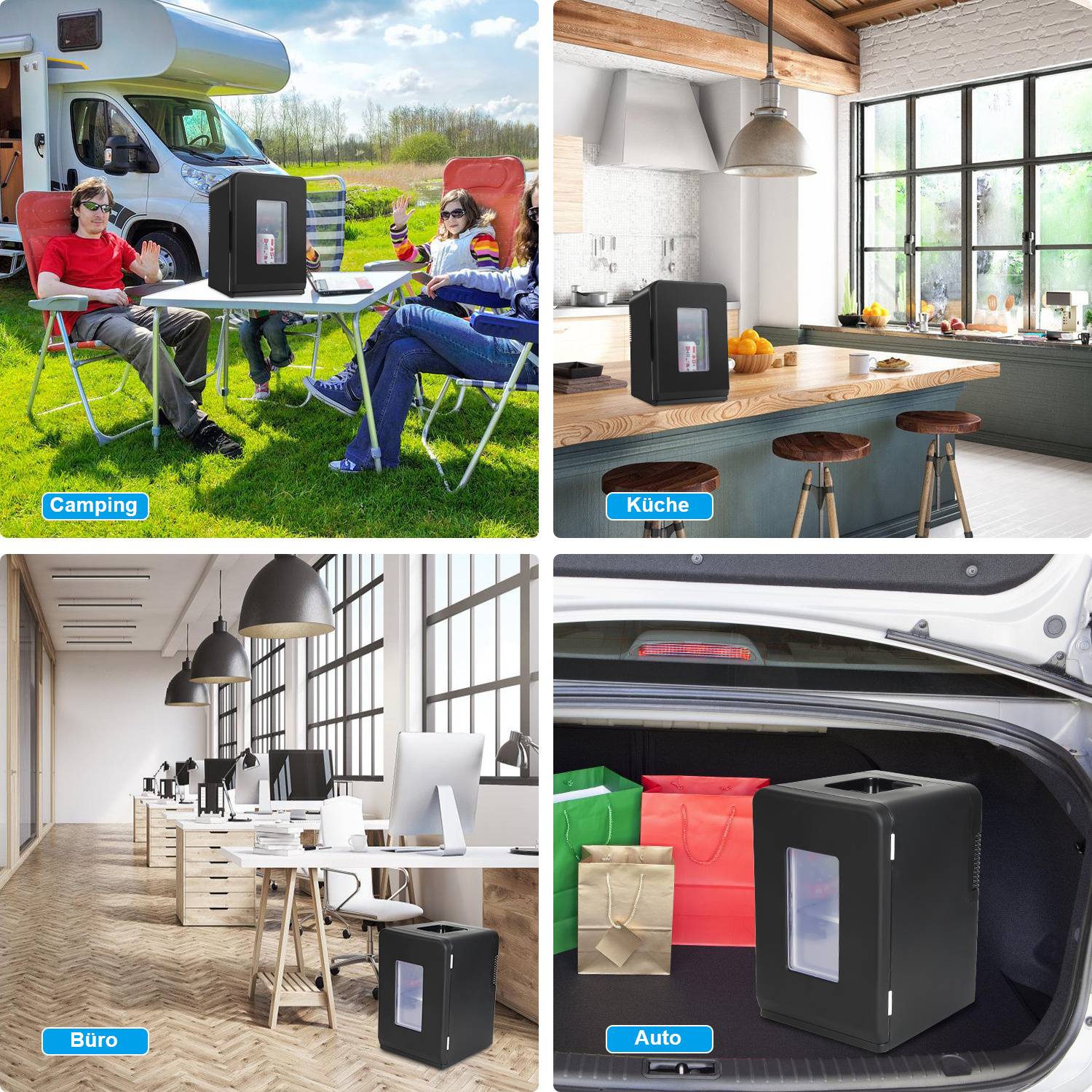 Vier Szenen zeigen einen kompakten Mini-Kühlschrank in verschiedenen Umgebungen: Camping, Küche mit Barhocker, Büro mit Schreibtischen, Kofferraum mit Geschenken.