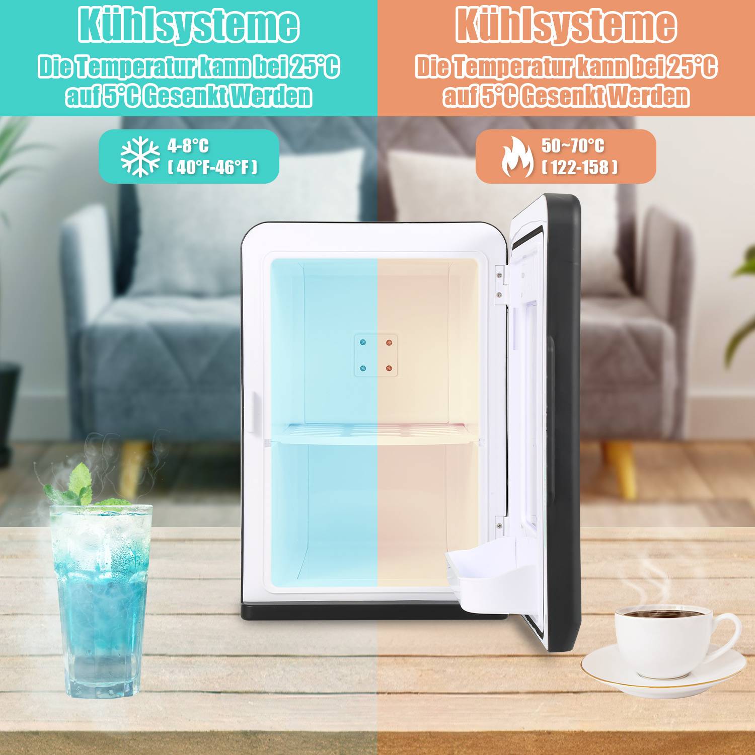 Das Bild zeigt einen Mini-Kühlschrank in zwei Einstellungen: Kühlung bei 4-8°C und Wärmung bei 50-70°C, mit Getränken, die die Funktionen veranschaulichen.
