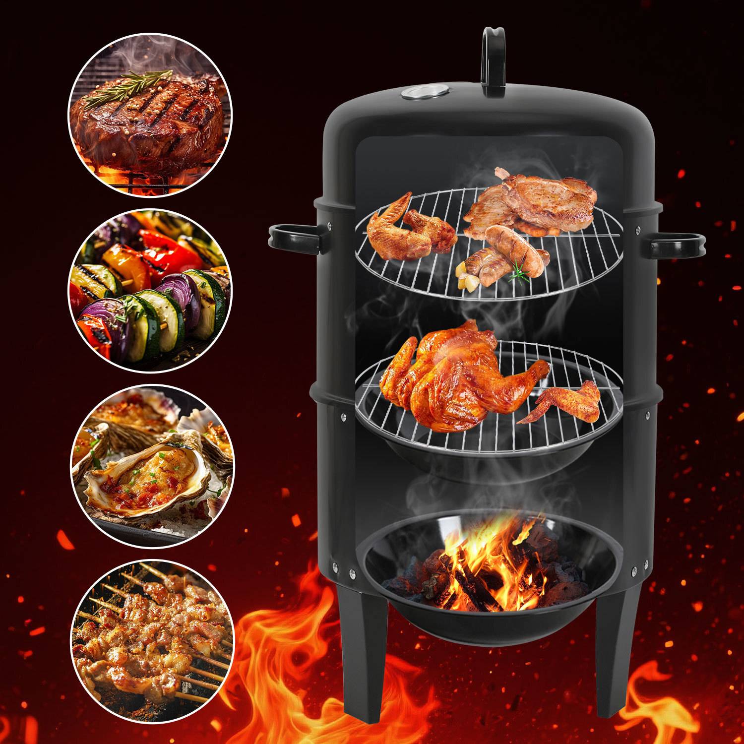 Ein vertikaler Raucher-Grill mit Fleisch und Gemüse auf zwei Gestellen; Flammen sind unten sichtbar; kreisförmige Ausschnitte zeigen verschiedene gegrillte Lebensmittel.