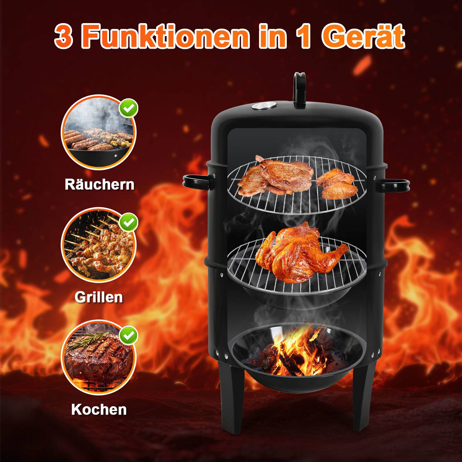 Ein Barbecue-Raucher, der drei Kochmöglichkeiten zeigt: „Räuchern