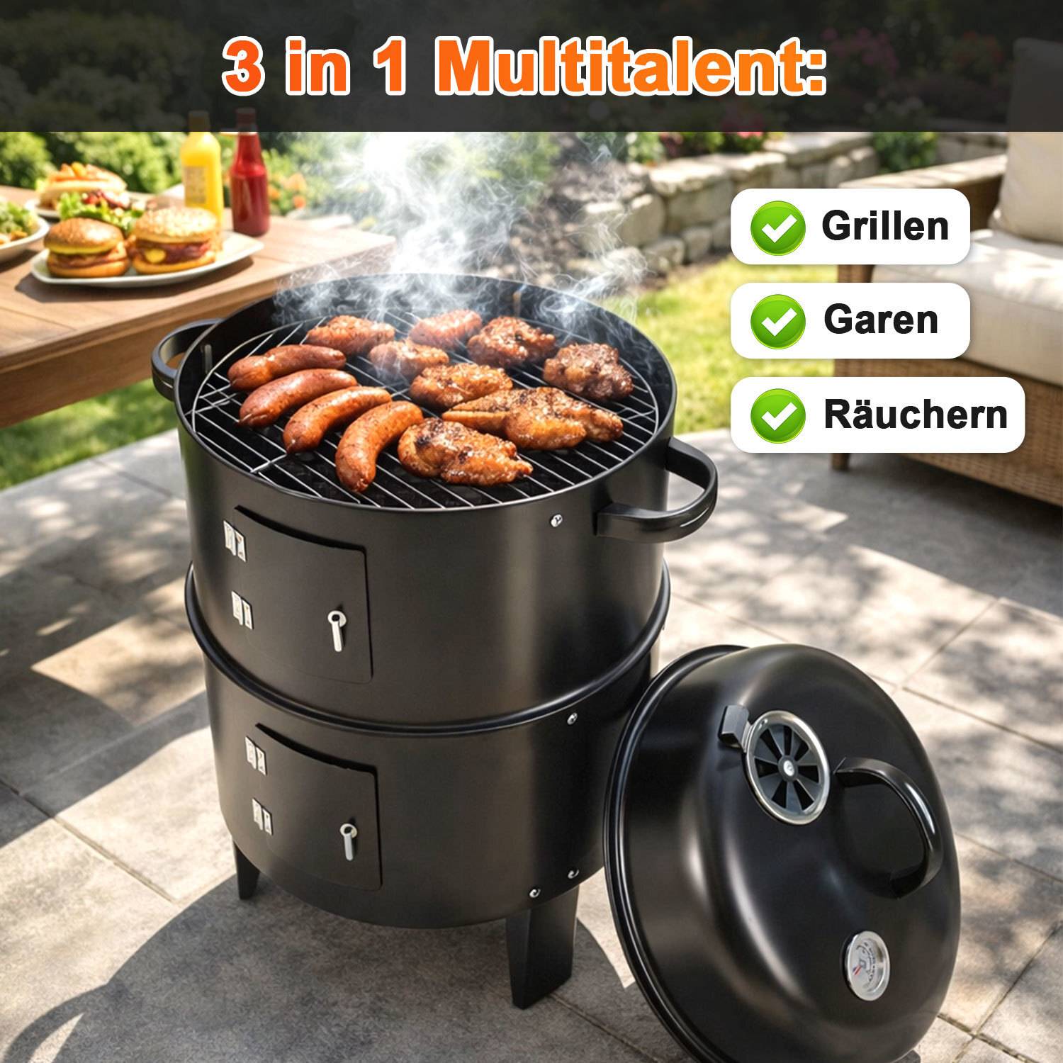 Smoker 3 in 1 BBQ Räuchertonne Räucherofen Holzkohlegrill Räuchergrill Grill 80cm Ø 40 cm Grilltonne