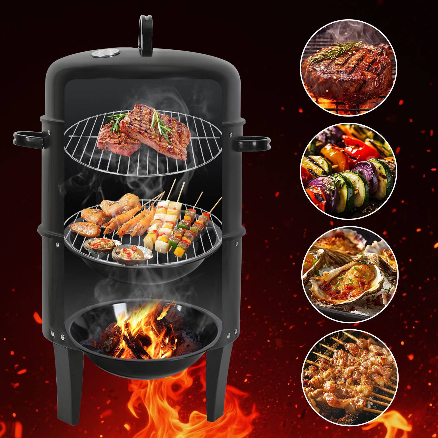 Smoker 3 in 1 BBQ Räuchertonne Räucherofen Holzkohlegrill Räuchergrill Grill 80cm Ø 40 cm Grilltonne