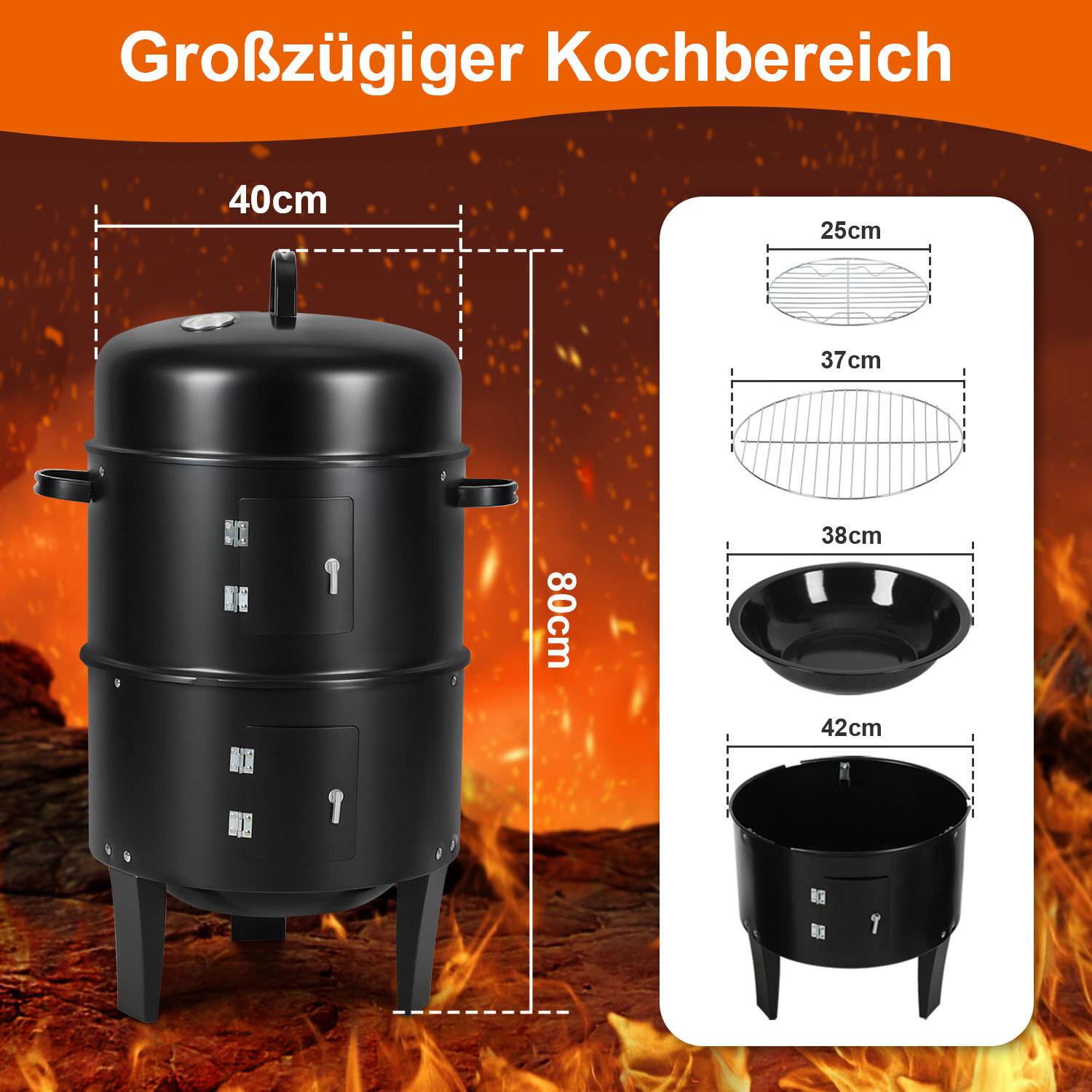 3 in 1 Smoker Räuchertonne Ø 40 cm Räucherofen Holzkohlegrill Räuchergrill BBQ Grilltonne