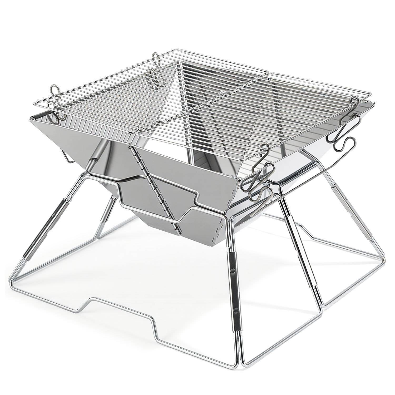 Ein zusammenklappbarer Edelstahl-Grillrost mit stabilem Rahmen und offenem Design, geeignet zum Kochen im Freien.