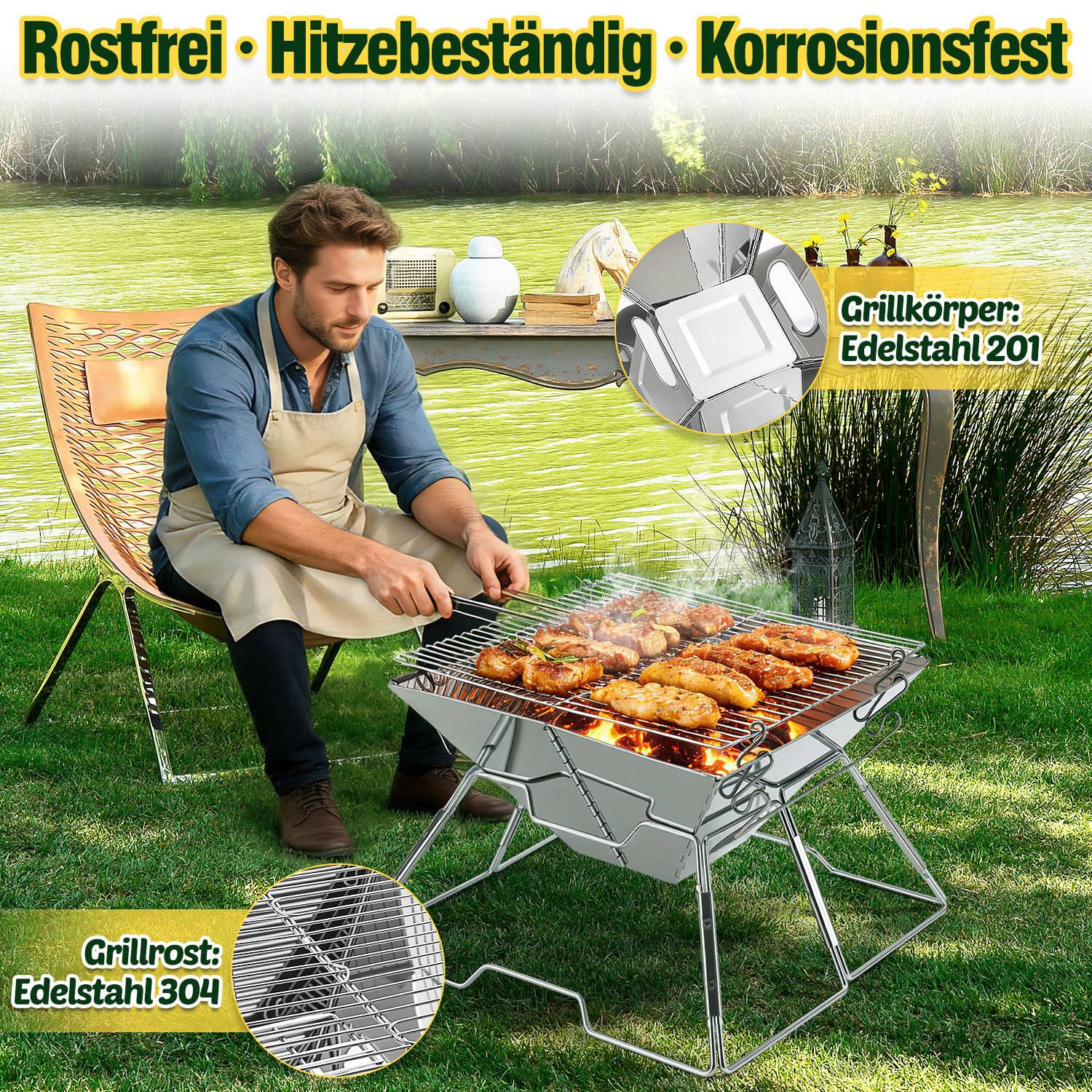 Ein Mann grillt Fleisch auf einem glänzenden, tragbaren Grill in einem Garten mit Text, das Merkmale hervorhebt: rostfrei, hitzebeständig, korrosionsbeständig. Grillteile aufgelistet als Edelstahl 201 und 304.