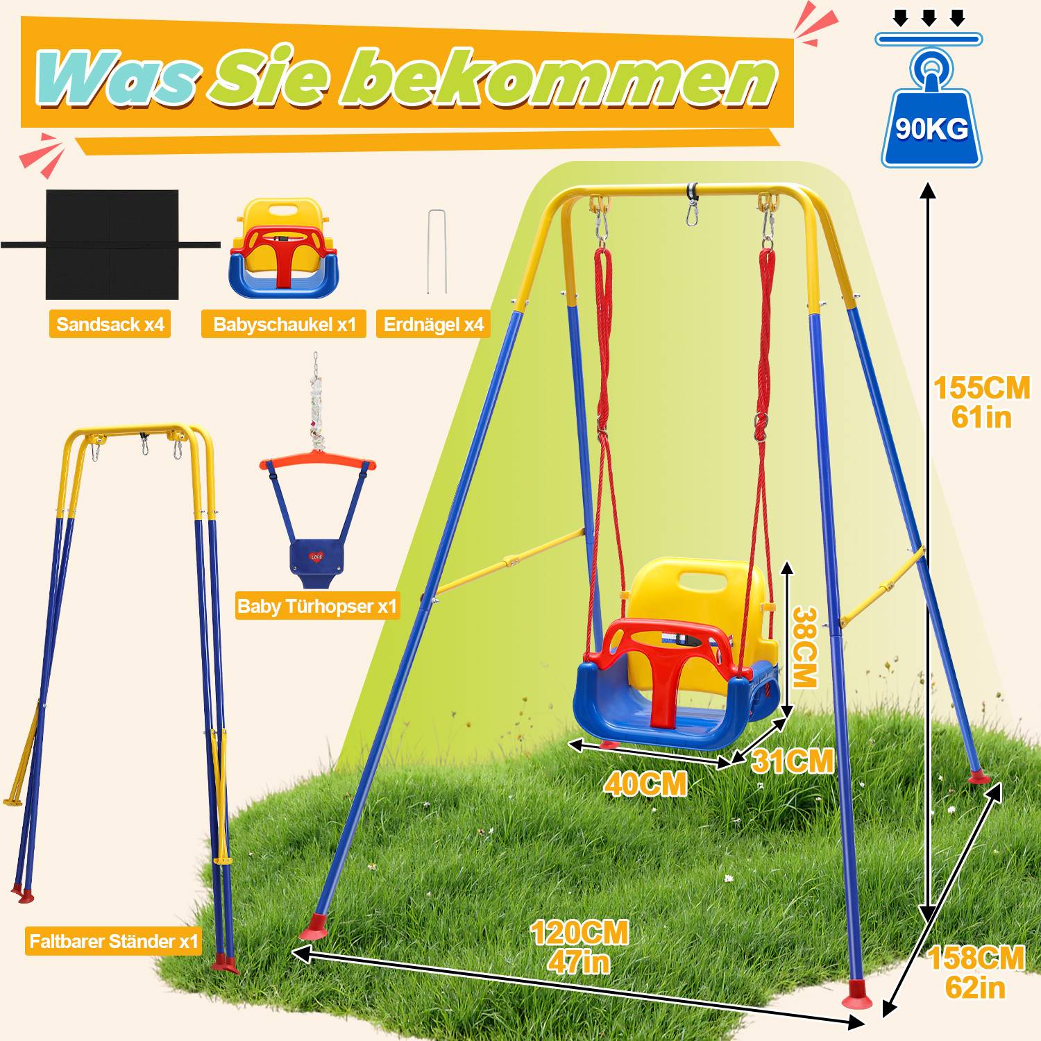 Schaukel für Babys mit Sitz, Gestell trägt bis zu 90 kg, einschließlich Sandsäcke und Gestellständer. Abmessungen: 155 cm x 120 cm.