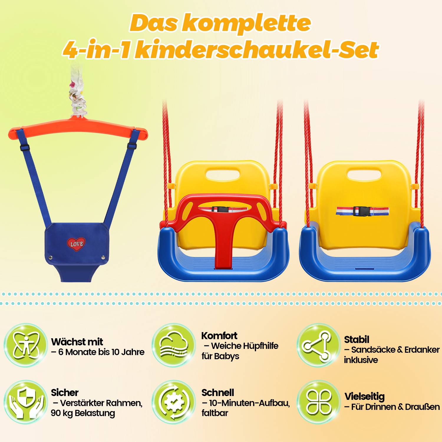 Kleinkinder-Schaukelset: umfasst 4-in-1-Funktionen für Alter von 6 Monaten bis 10 Jahren. Highlights: Komfort, Stabilität, Sicherheit, Vielseitigkeit.