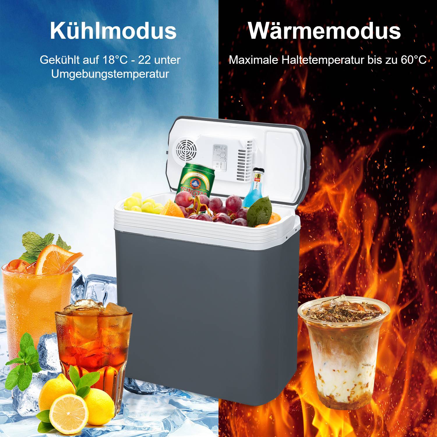 Das Bild zeigt eine Kühlbox mit geöffnetem Deckel, gefüllt mit Getränken und Obst, unterteilt in „Cool Mode