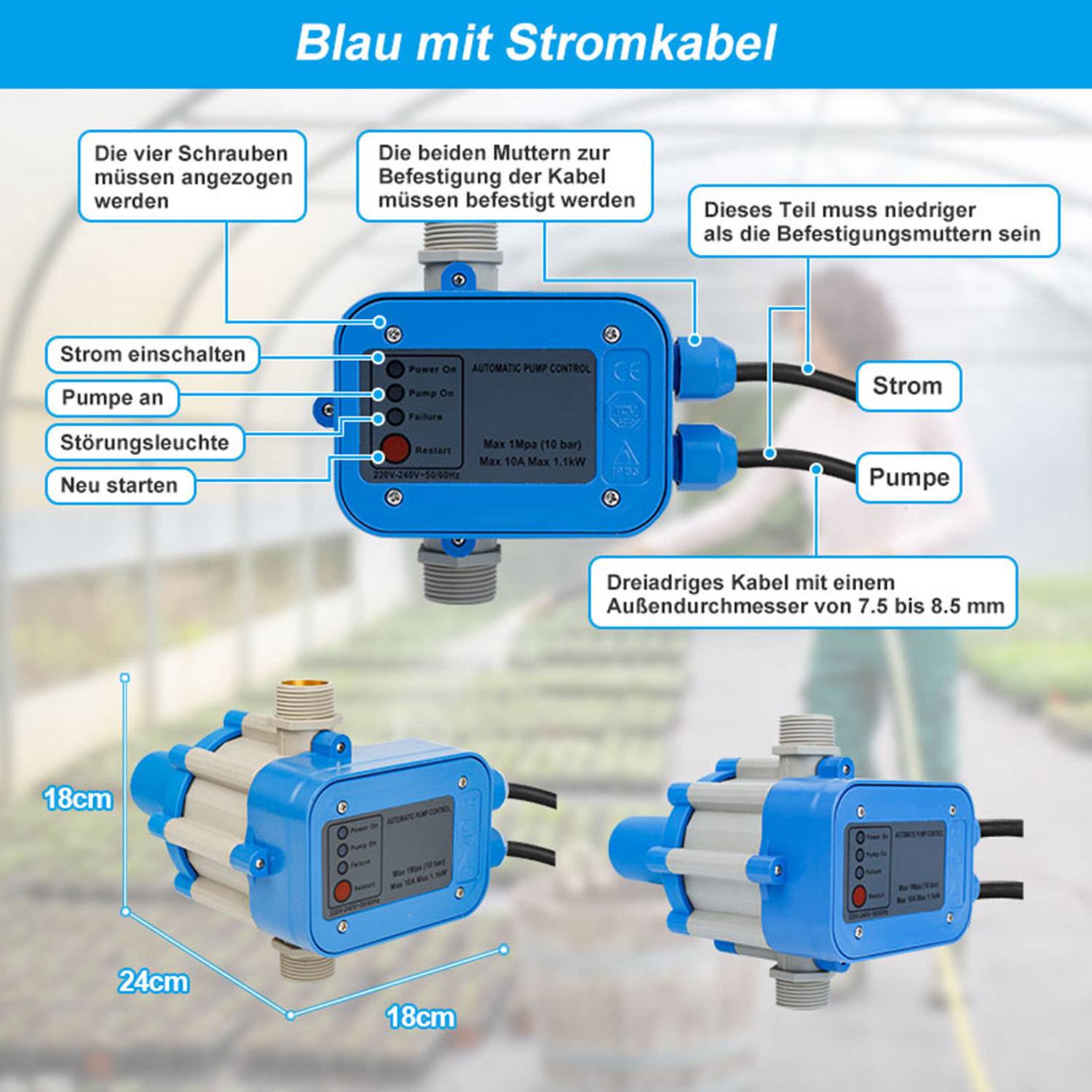 Pumpensteuerung Druckschalter Wasserpumpe mit Kabel 10 Bar Trockenlaufschutz Hauswasserwerk Druckwächter Gartenpumpe Drucktaster Blau