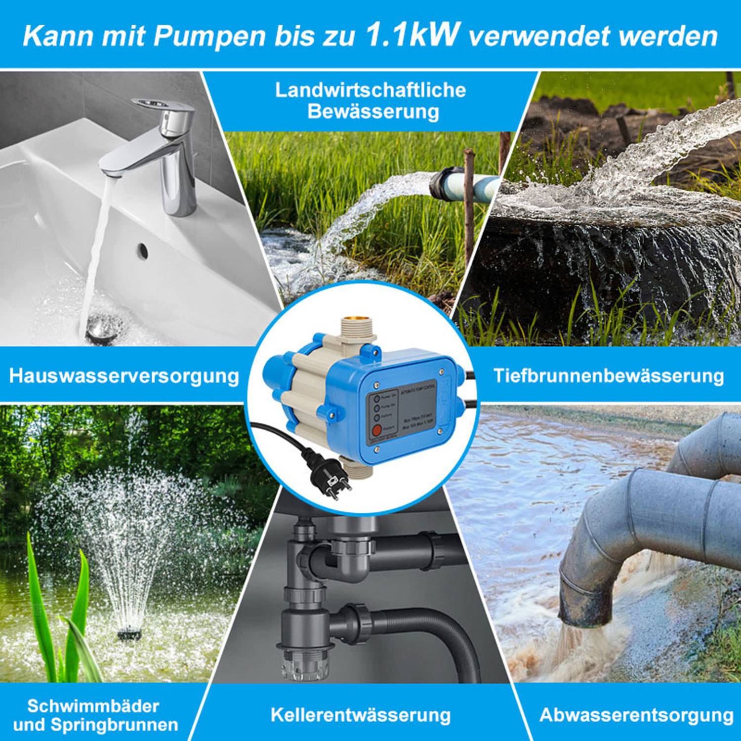 Pumpensteuerung Druckschalter Wasserpumpe mit Kabel 10 Bar Trockenlaufschutz Hauswasserwerk Druckwächter Gartenpumpe Drucktaster Blau
