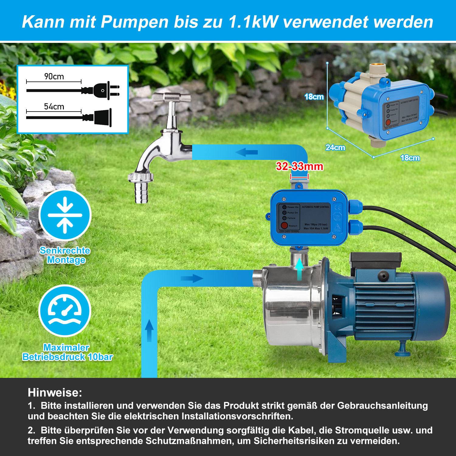Pumpensteuerung Druckschalter Wasserpumpe mit Kabel 10 Bar Trockenlaufschutz Hauswasserwerk Druckwächter Gartenpumpe Drucktaster Blau