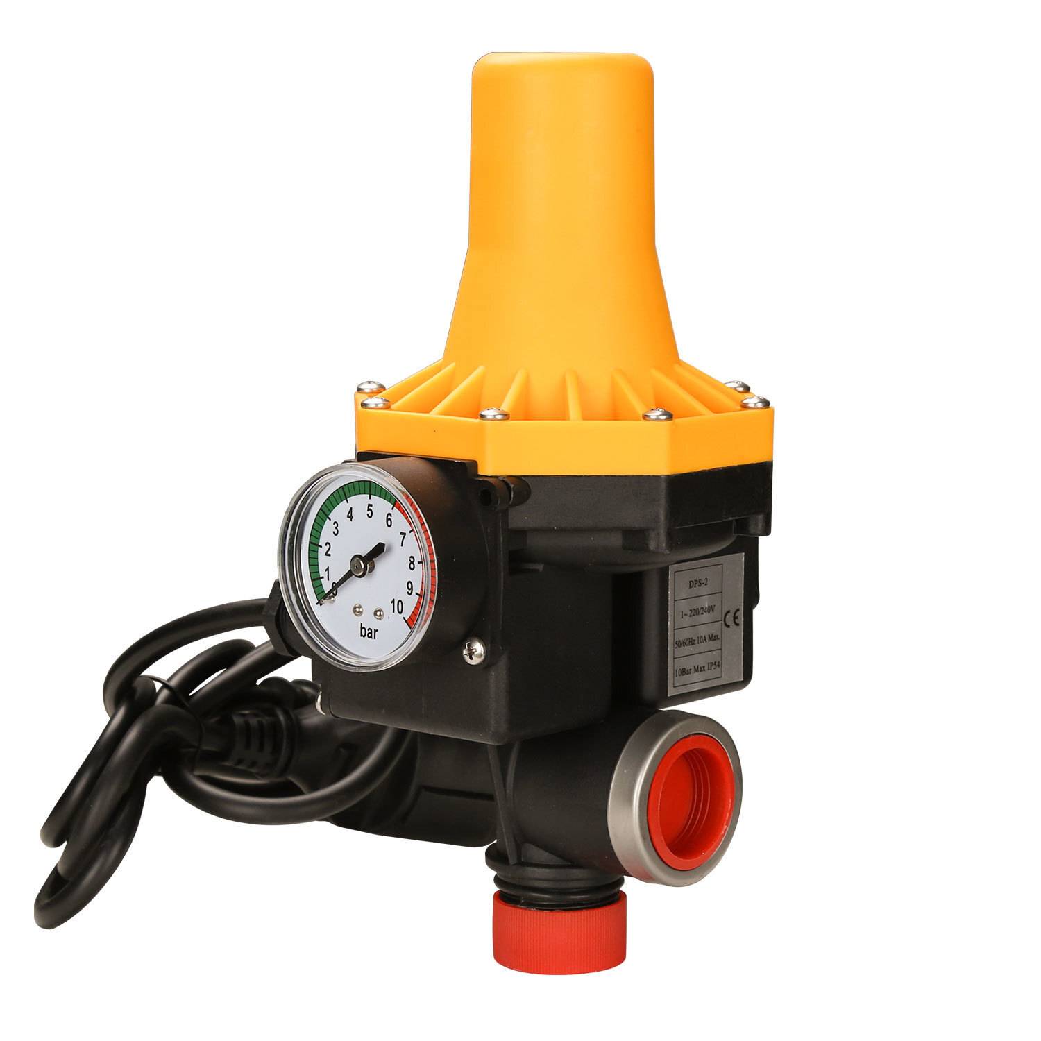 Druckschalter mit gelbem Deckel, mit Manometeranzeige in Bar, verbunden mit schwarzen Leitungen und einem roten Stecker.