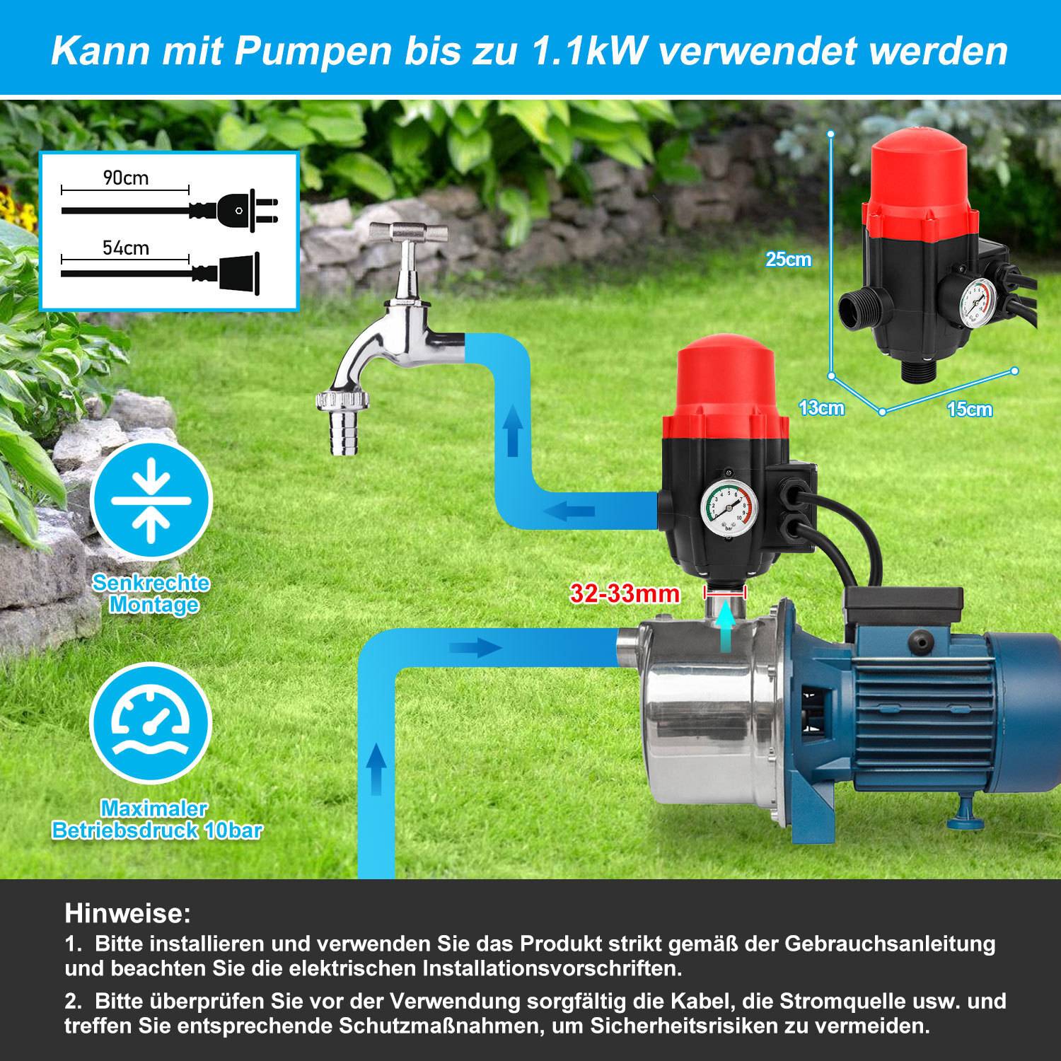 Pumpensteuerung Druckschalter Wasserpumpe mit Kabel Digitale Einstellbare Trockenlaufschutz Hauswasserwerk Druckwächter Gartenpumpe Drucktaster Rot