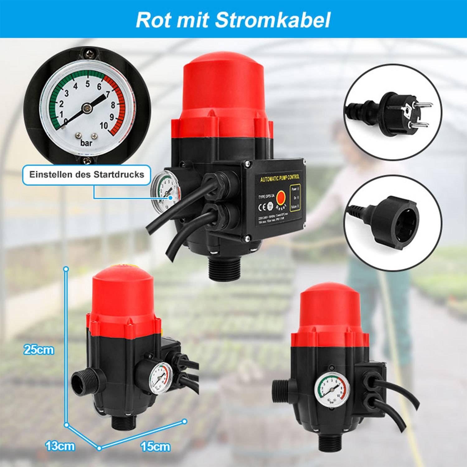 Automatischer Wasserpumppenregler mit rotem Äußeres und Druckmanometer, begleitet von Diagrammen des Stromsteckers und Abmessungen: 25 cm Höhe, 13 cm Durchmesser.
