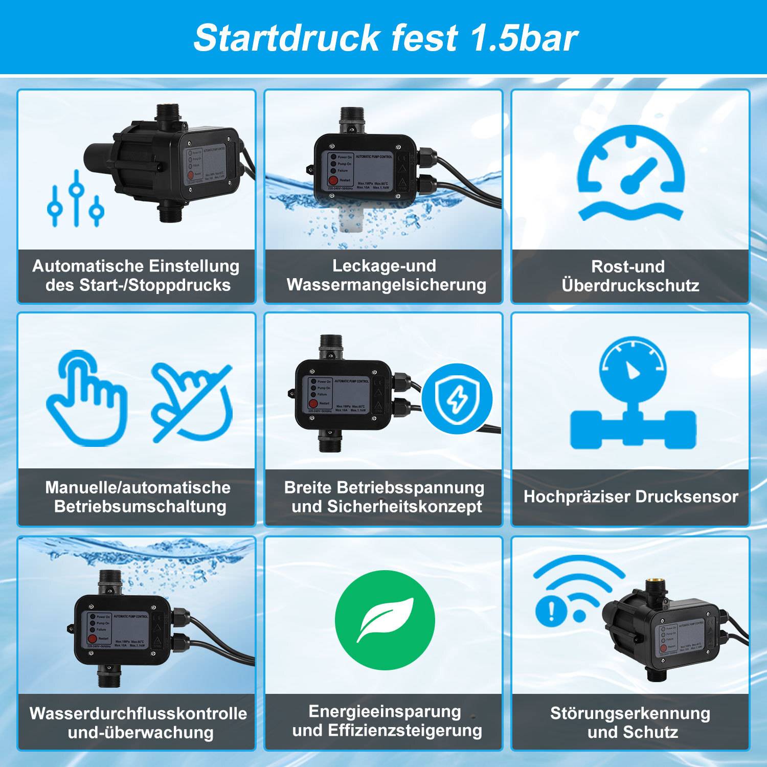 Pumpensteuerung Druckschalter Wasserpumpe mit Kabel 10 Bar Trockenlaufschutz Hauswasserwerk Druckwächter Gartenpumpe Drucktaster Schwarz
