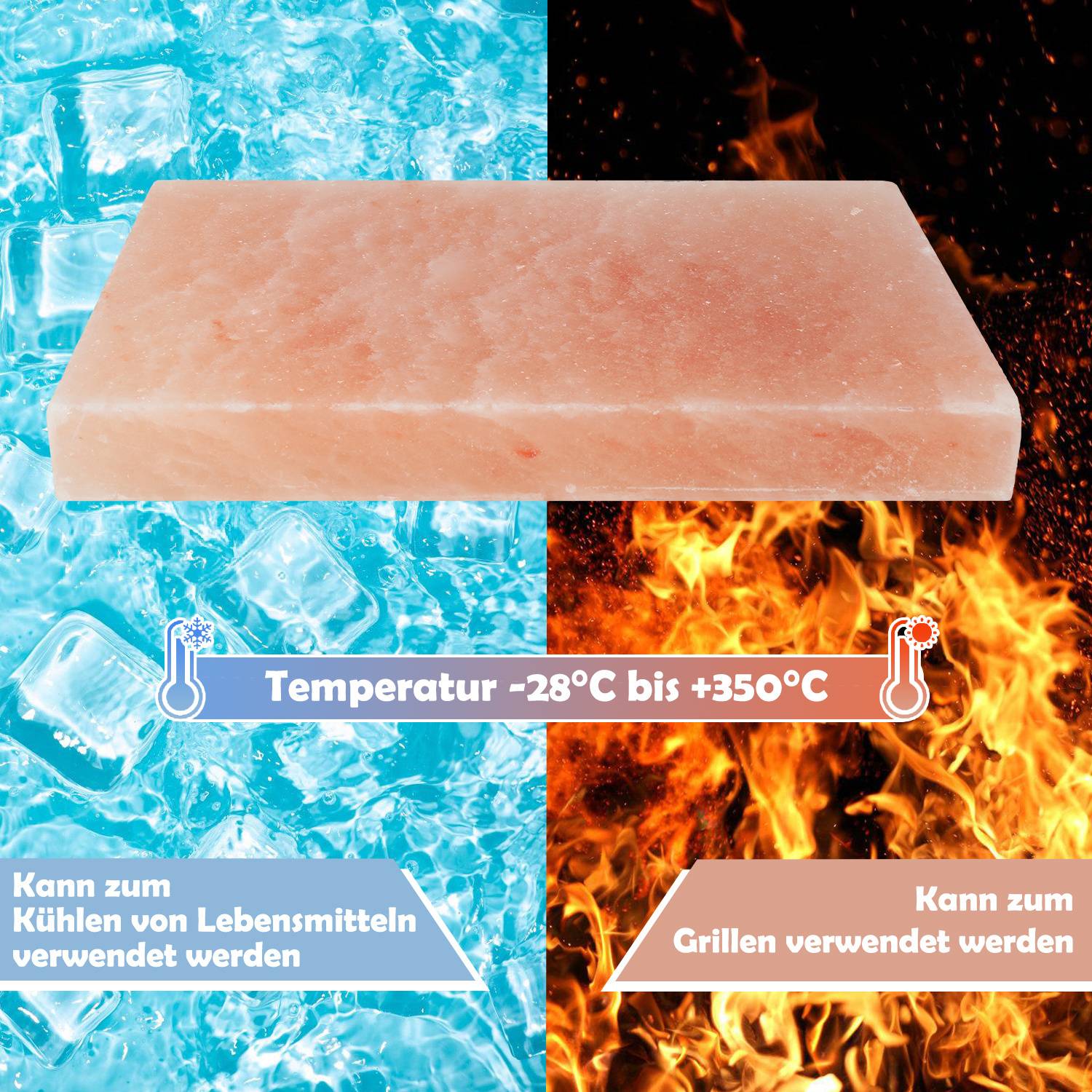 Ein Salzblock sitzt zwischen blauem Eis auf der linken Seite und roten Flammen auf der rechten Seite. Der Text lautet: „Temperatur -28°C bis +350°C