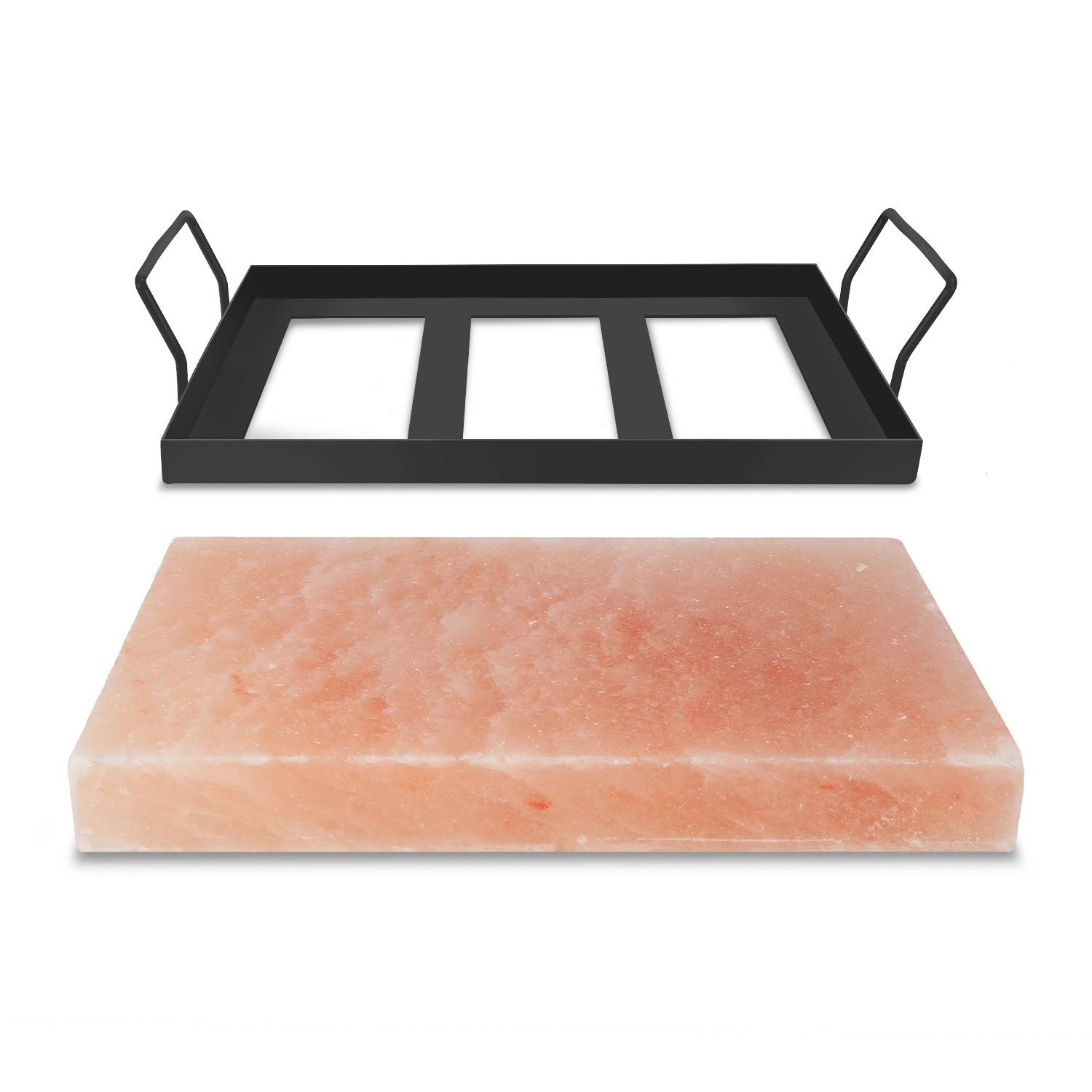 Rosa Himalaya-Salzblock mit schwarzem Metallgestell mit Seitengriffen, zum Kochen oder Servieren von Speisen verwendet.