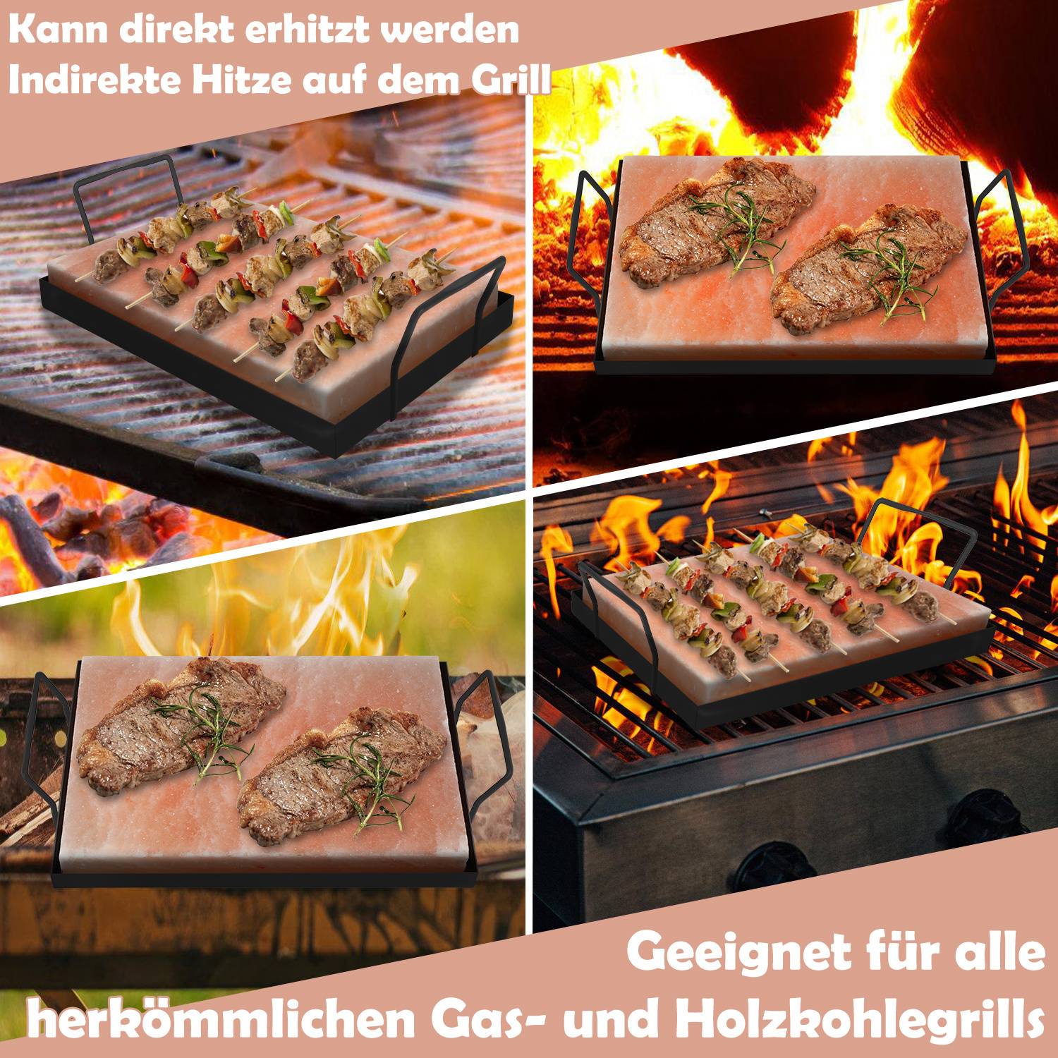 Vier Bilder eines Grillsteins in Gebrauch, die zeigen, wie Fleisch kocht. Deutscher Text bewirbt seine Eignung für Gas- und Holzkohlegrills.