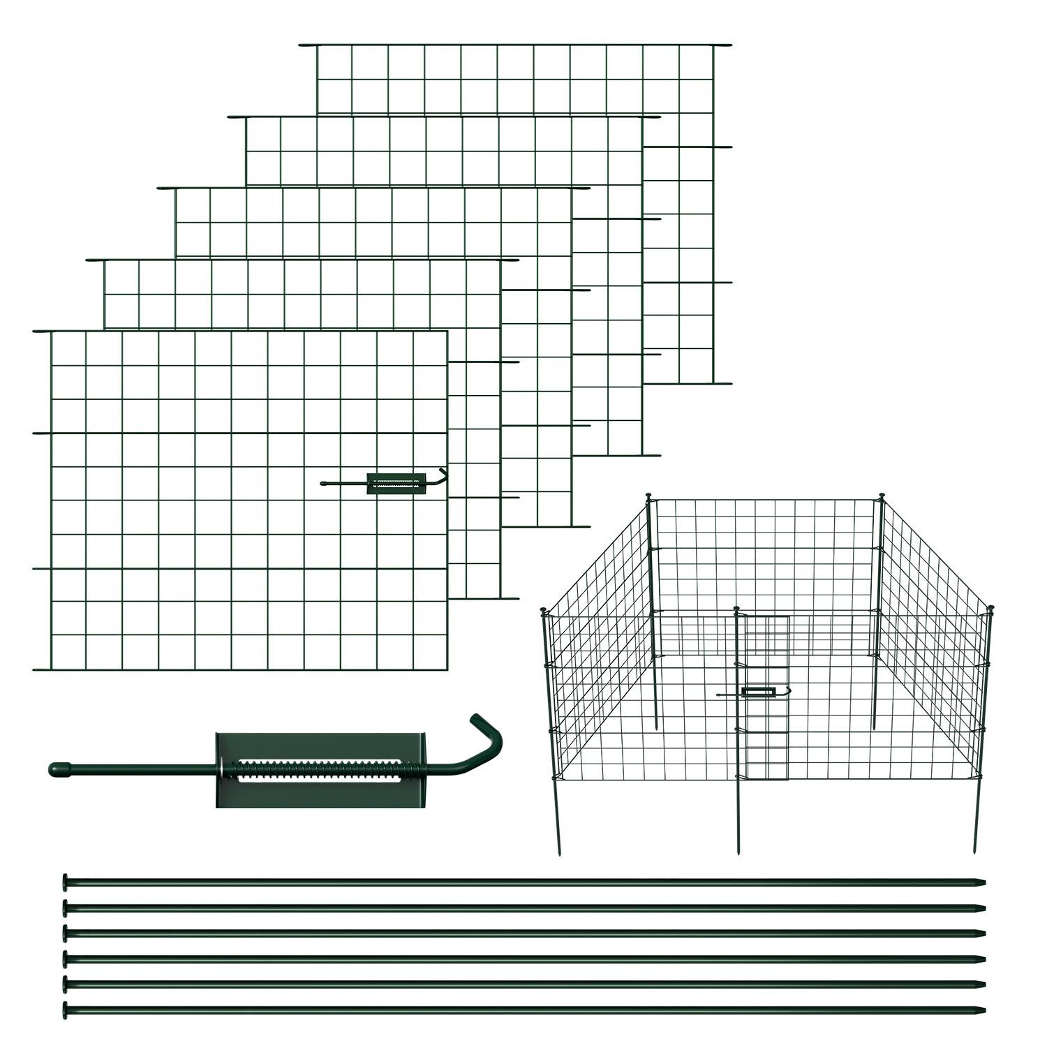 Metallgitterpaneele mit Anschlüssen und Stangen; dargestellt als zerlegter und zusammengebauter Stift.