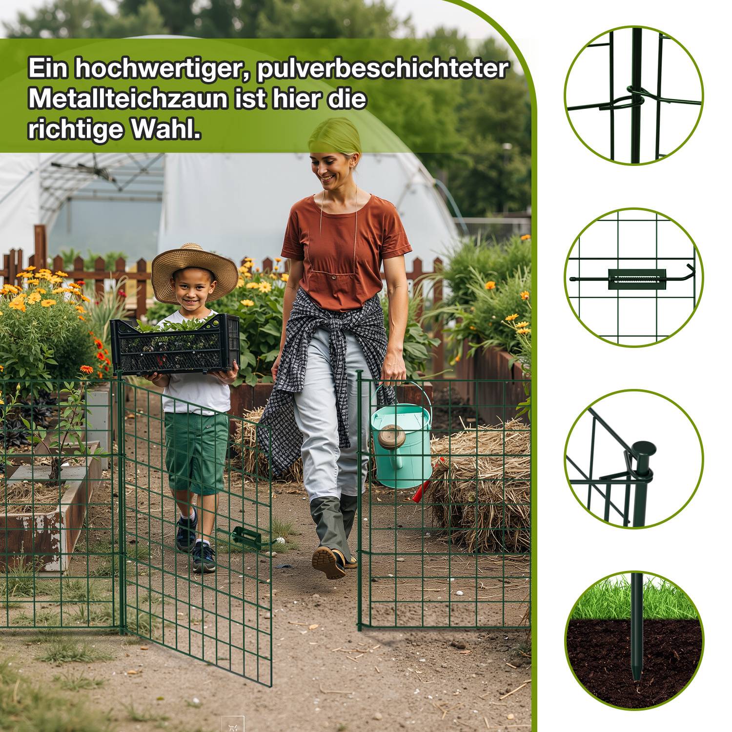 Eine Frau und ein Kind tragen Gartengeräte und gehen durch ein Gartentor. Der Text lautet: 'Ein hochwertiger, pulverbeschichteter Metall-Teichzaun ist hier die richtige Wahl.