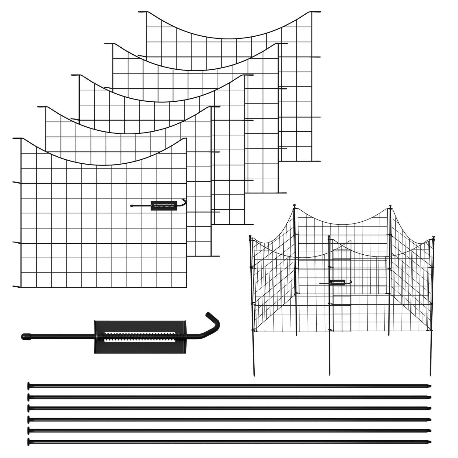 Satz aus schwarzen Metallgartenspalieren und Pfosten mit Verbindern und Griff; entwickelt für die Erstellung modularer Pflanzenstützkonstruktionen.