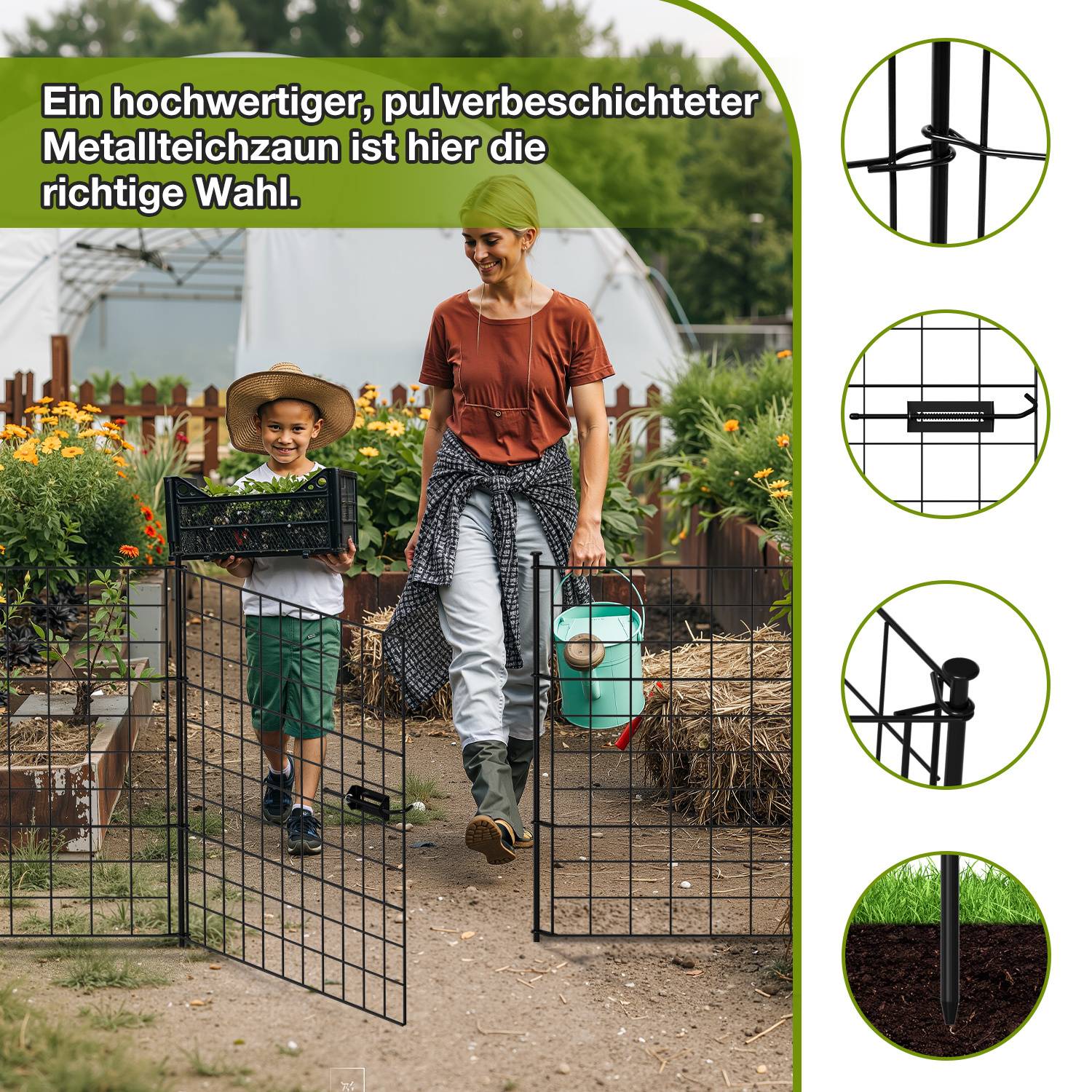 Eine Frau und ein Kind gehen mit Werkzeugen und einer Gießkanne durch ein Gartentor. Ausschnitte zeigen Details eines metallenen Gartenzauns.
