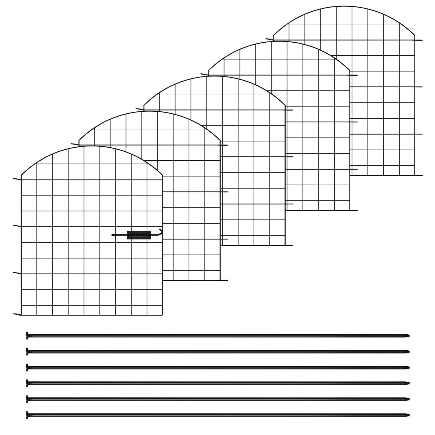 „Gewächshausdesign mit einer Reihe von halbkreisförmigen Bögen mit Gittermustern, einer Tür auf einer Seite und horizontalen Stützbalken darunter.