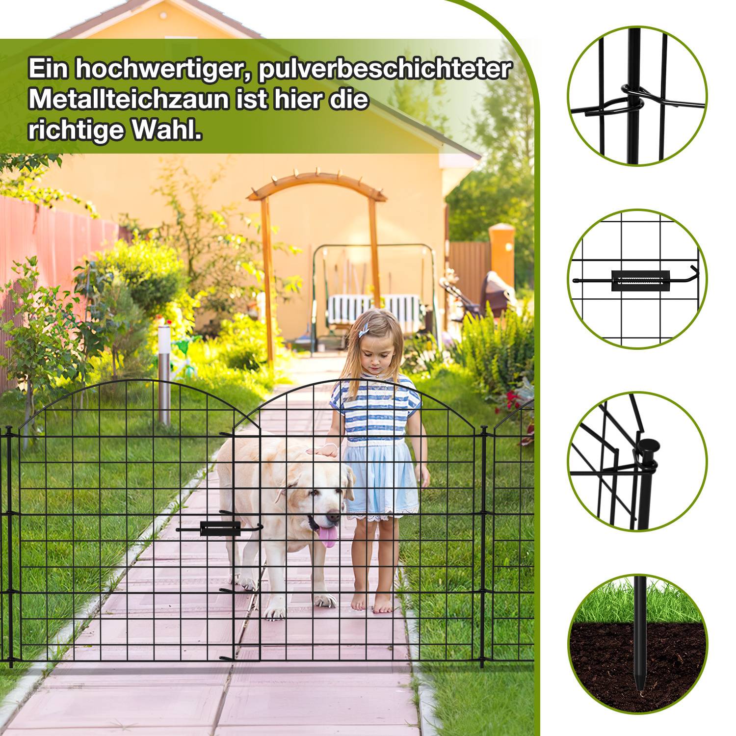 Ein junges Mädchen und ein Hund stehen hinter einem metallenen Gartentor. Das Bild hebt die Merkmale des Tors hervor, einschließlich seines Designs und der sicheren Verschlussfalle.