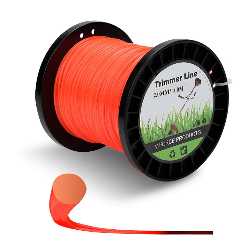 Rote Spule mit Schneidefaden, gekennzeichnet mit „Trimmer Line 2.0MM*100M