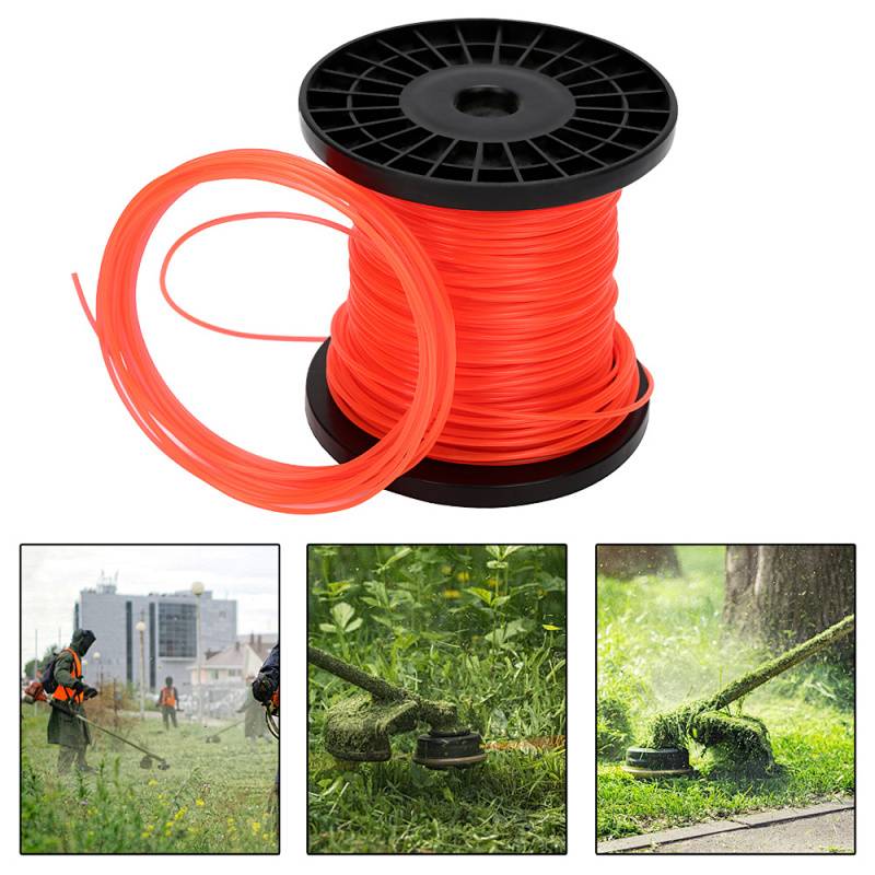 Eine Spule orangefarbener Trimmer-Schnur mit drei Bildern darunter, die zeigen, wie die Schnur beim Rasentrimmen und bei der Landschaftsgestaltung in der Nähe eines Baumes verwendet wird.