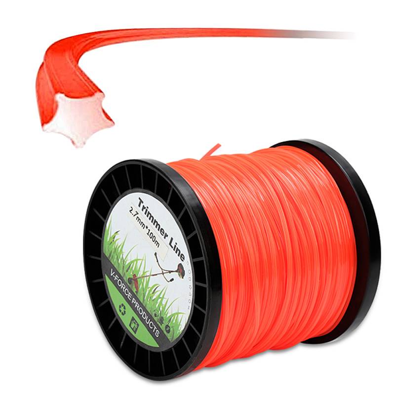 Spule rotes Trimmerfaden, beschriftet mit „2,7 mm x 100 m