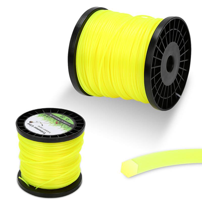 Spulen aus leuchtend gelbem Filament zum 3D-Druck, mit einer Spule aufrecht und einer horizontal positioniert, begleitet von einem Filamentstreifen.