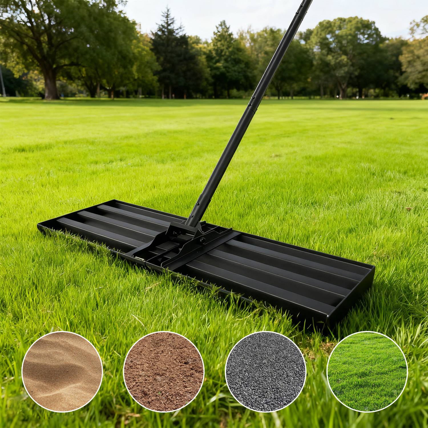 Ein schwarzes Rasengerät ist auf leuchtend grünem Gras platziert, umgeben von kleinen kreisförmigen Ausschnitten, die verschiedene Boden- und Materialtexturen zeigen.