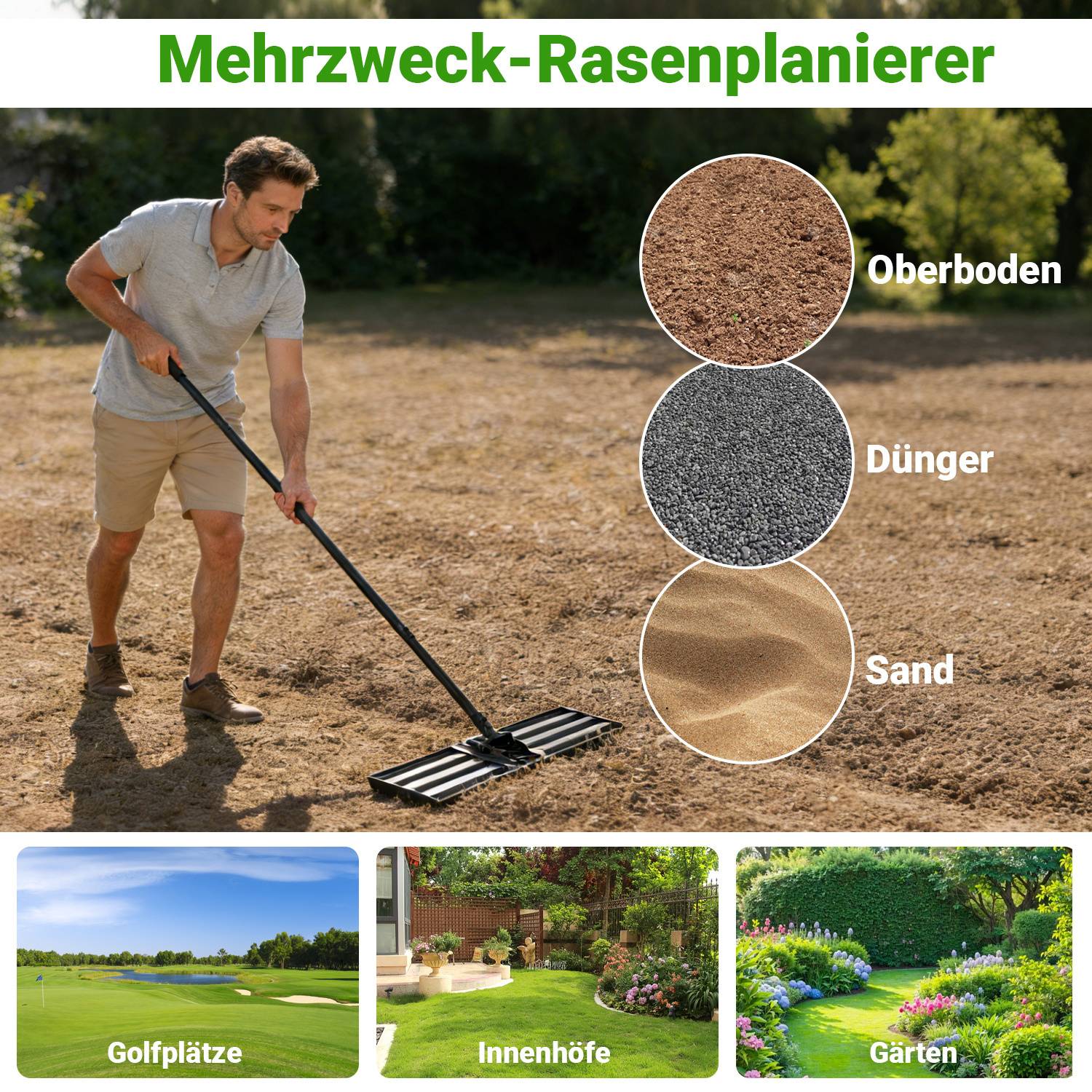 Ein Mann benutzt ein Rasenegalisierungswerkzeug auf Gras. Eingeblendete Bilder zeigen Bodentypen: Mutterboden, Dünger, Sand. Orte: Golfplätze, Höfe, Gärten.