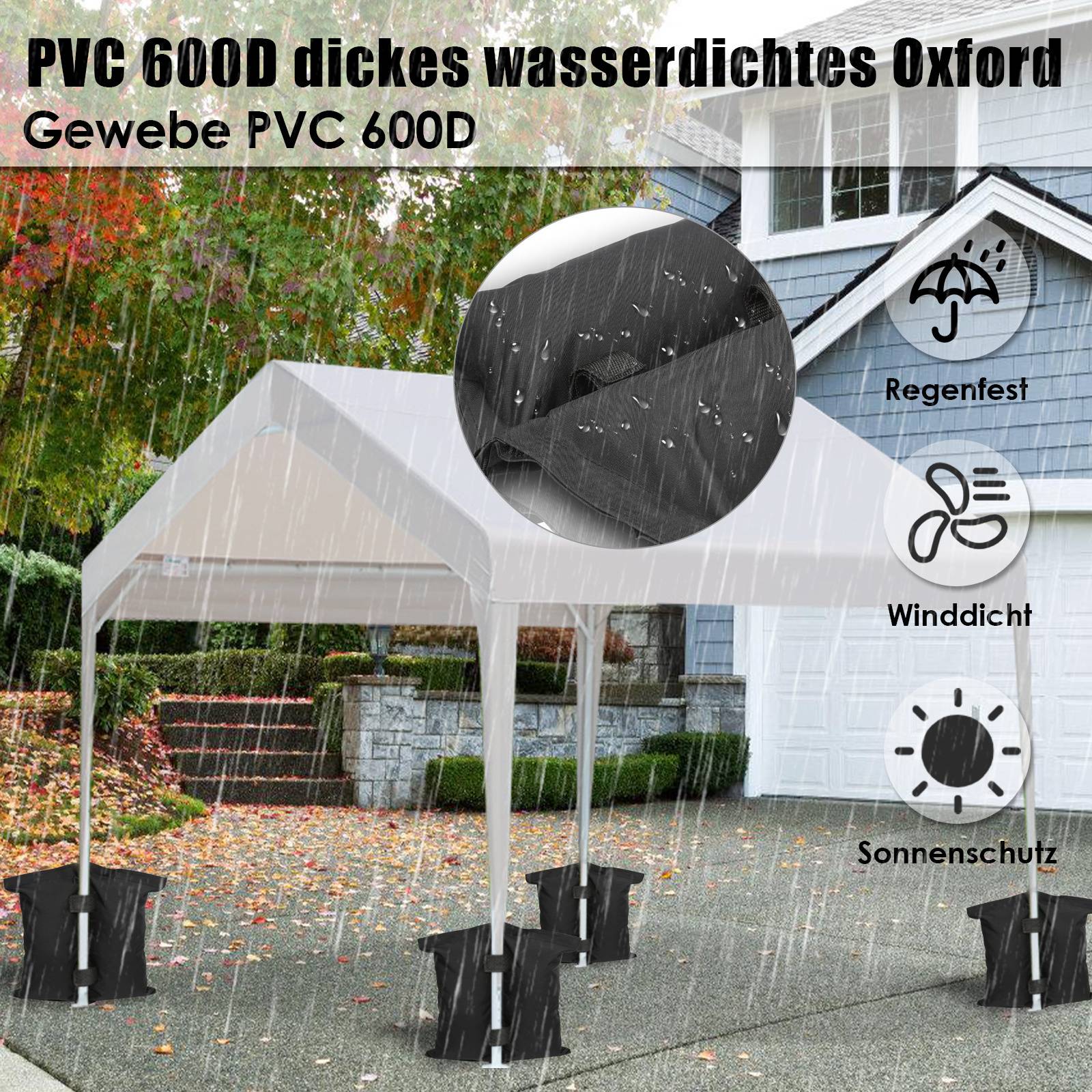 Ein weißes Baldachindach unter Regen, mit Symbolen, die Wetterbeständigkeit darstellen: wasserdicht, windsicher und Sonnenschutz. Der Text lautet „PVC 600D dickes wasserdichtes Oxford-Gewebe