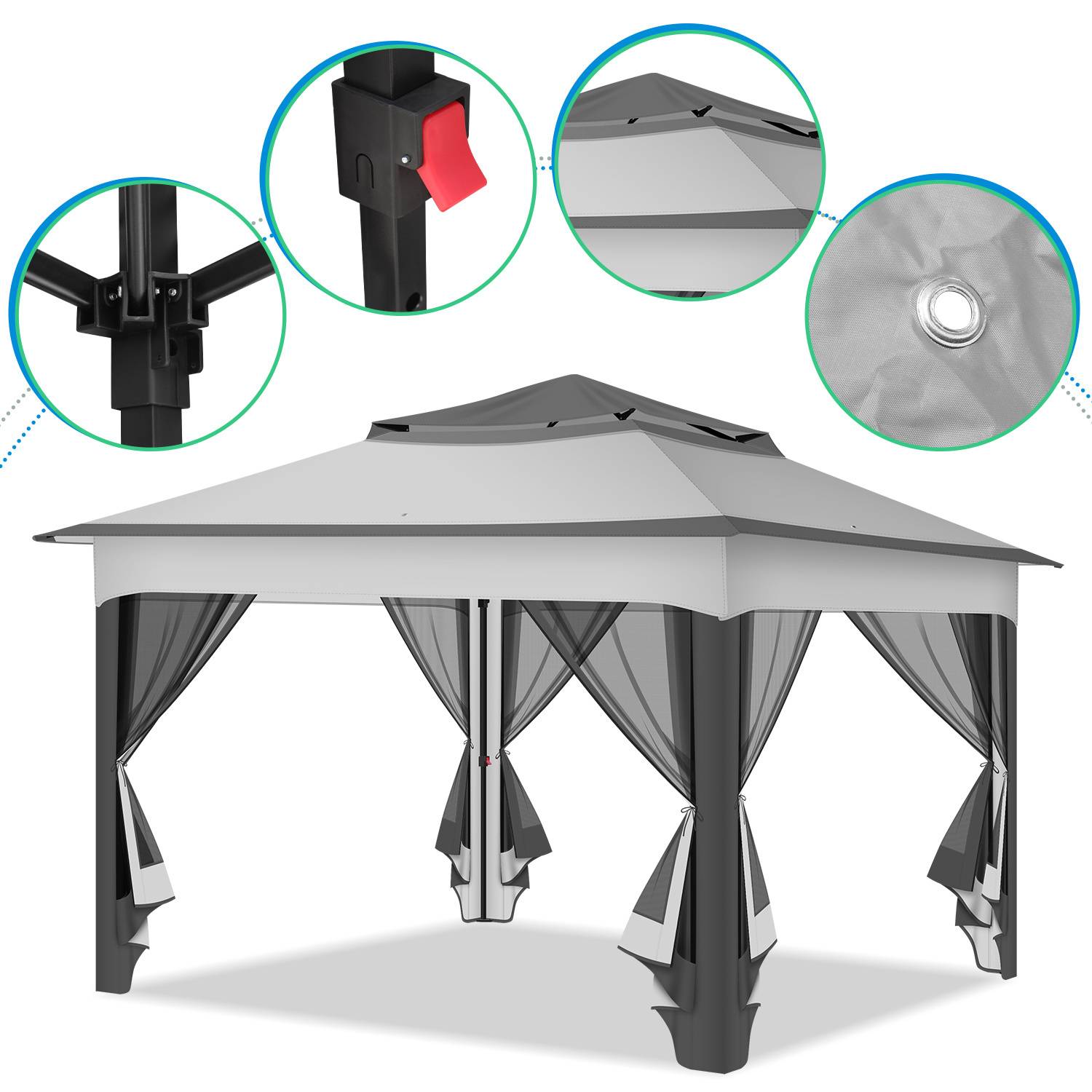 Faltpavillon Pop-up 3,3×3,3×2,68 m – Gartenpavillon mit Moskitonetz, UV-Schutz, doppelt belüftetem Dach, inkl. Tragetasche & Sandsäcke, Grau