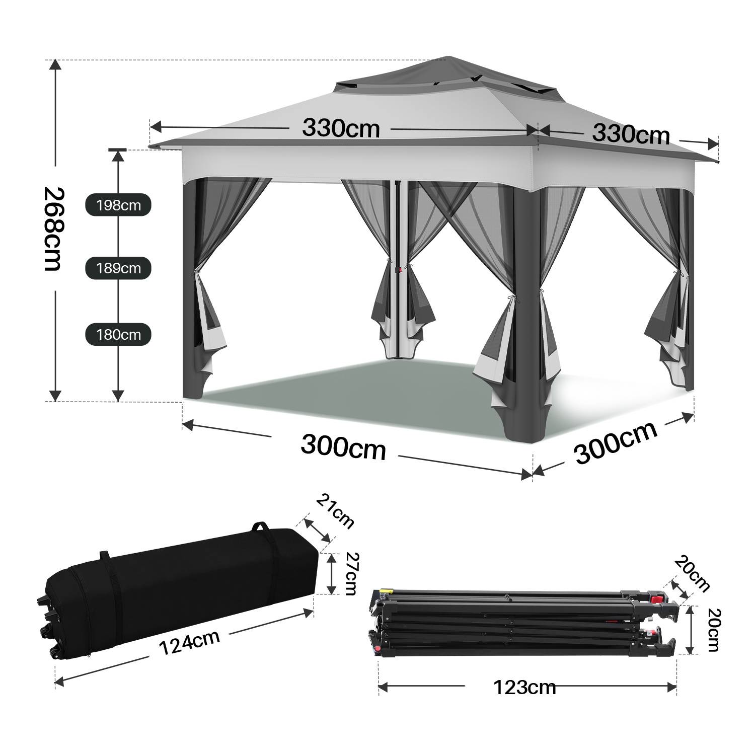 Ein rechteckiger Pavillon mit den Abmessungen 330x330cm und Seitenmessungen. Die Höhe beträgt 268cm. Enthält eine 124cm Tasche und einen zusammengeklappten Rahmen mit den Maßen 123x20x20cm.