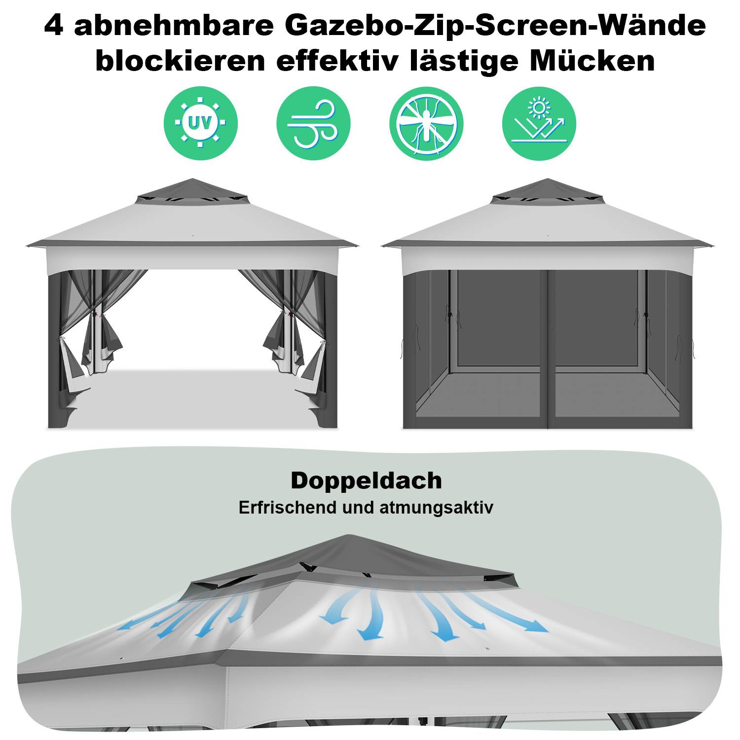 Faltpavillon Pop-up 3,3×3,3×2,68 m – Gartenpavillon mit Moskitonetz, UV-Schutz, doppelt belüftetem Dach, inkl. Tragetasche & Sandsäcke, Grau