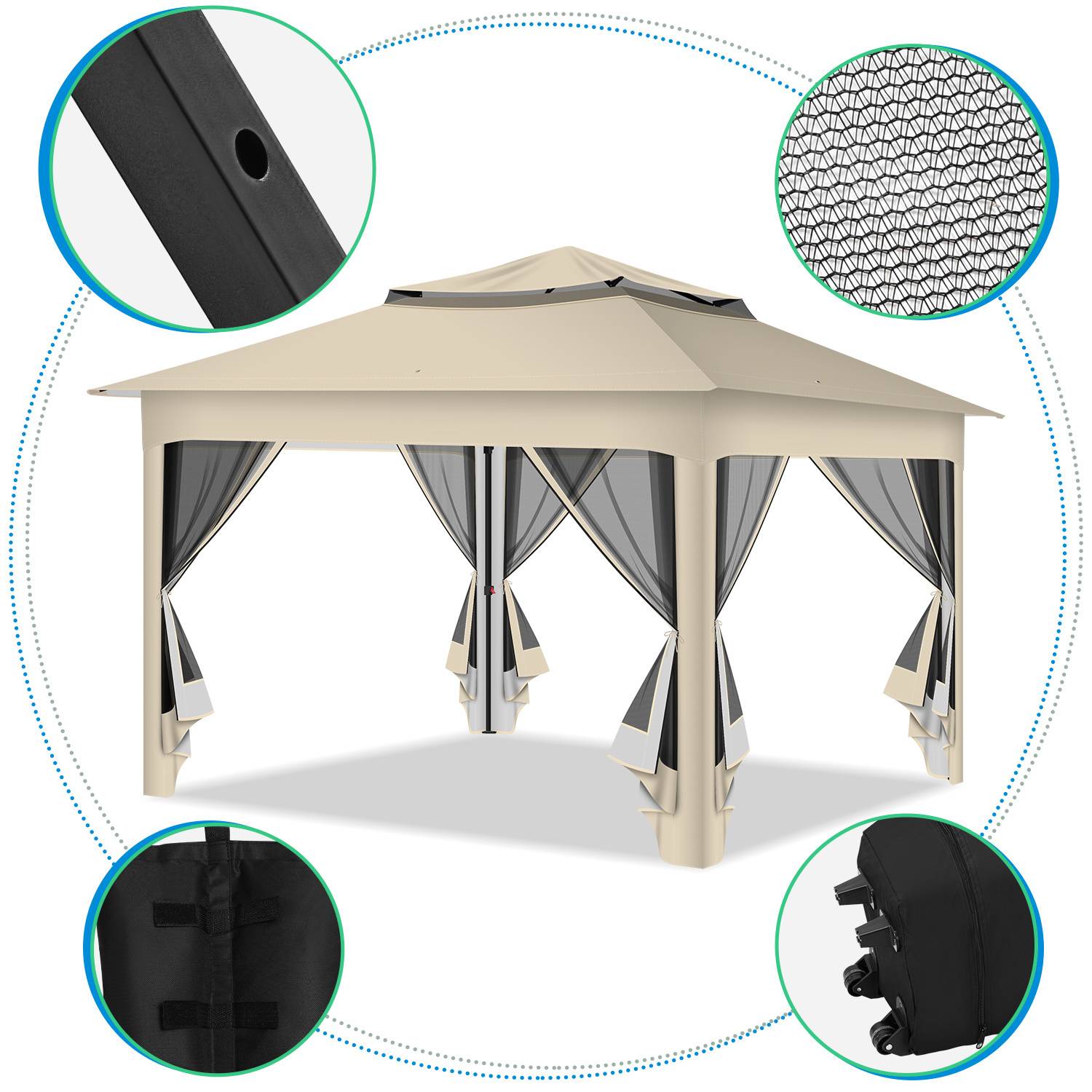 Outdoor-Pavillon mit beigem Dach, grauen Vorhängen und verschiedenen Nahaufnahmen von Strukturteilen, die Design und Stofftextur hervorheben.