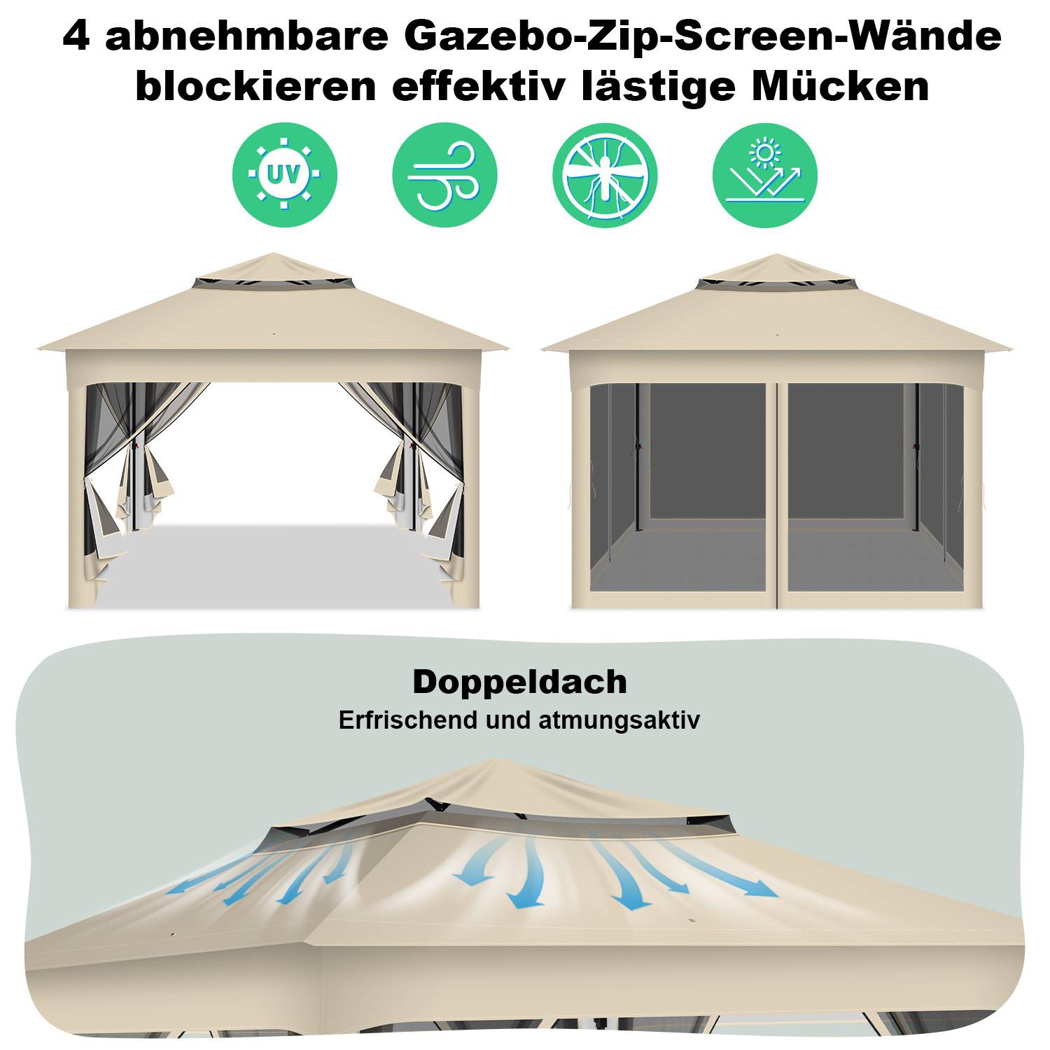 Pavillon mit Reißverschluss-Seitenwänden und Doppeldach, beschrieben als wirksam gegen Moskitos. Merkmale umfassen Symbole für UV-Schutz, Wasserdichtigkeit und Luftzirkulation.