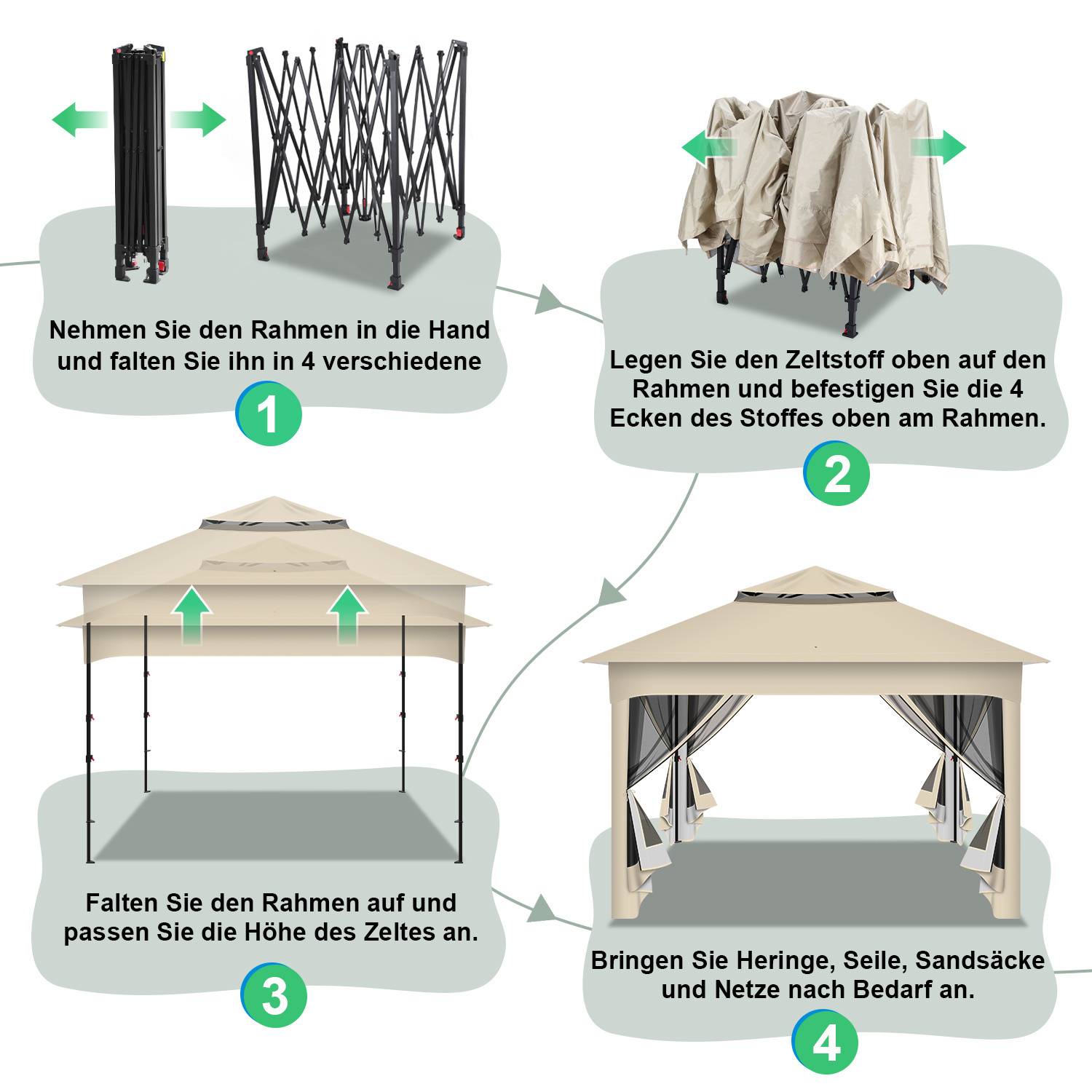 Schritt 1: Halten Sie den Rahmen und öffnen Sie ihn in 4 Richtungen. Schritt 2: Legen Sie den Stoff über den Rahmen und befestigen Sie die Ecken. Schritt 3: Verlängern Sie den Rahmen, um die Höhe anzupassen. Schritt 4: Sichern Sie mit Heringen, Seilen, Sandsäcken und Netzen.