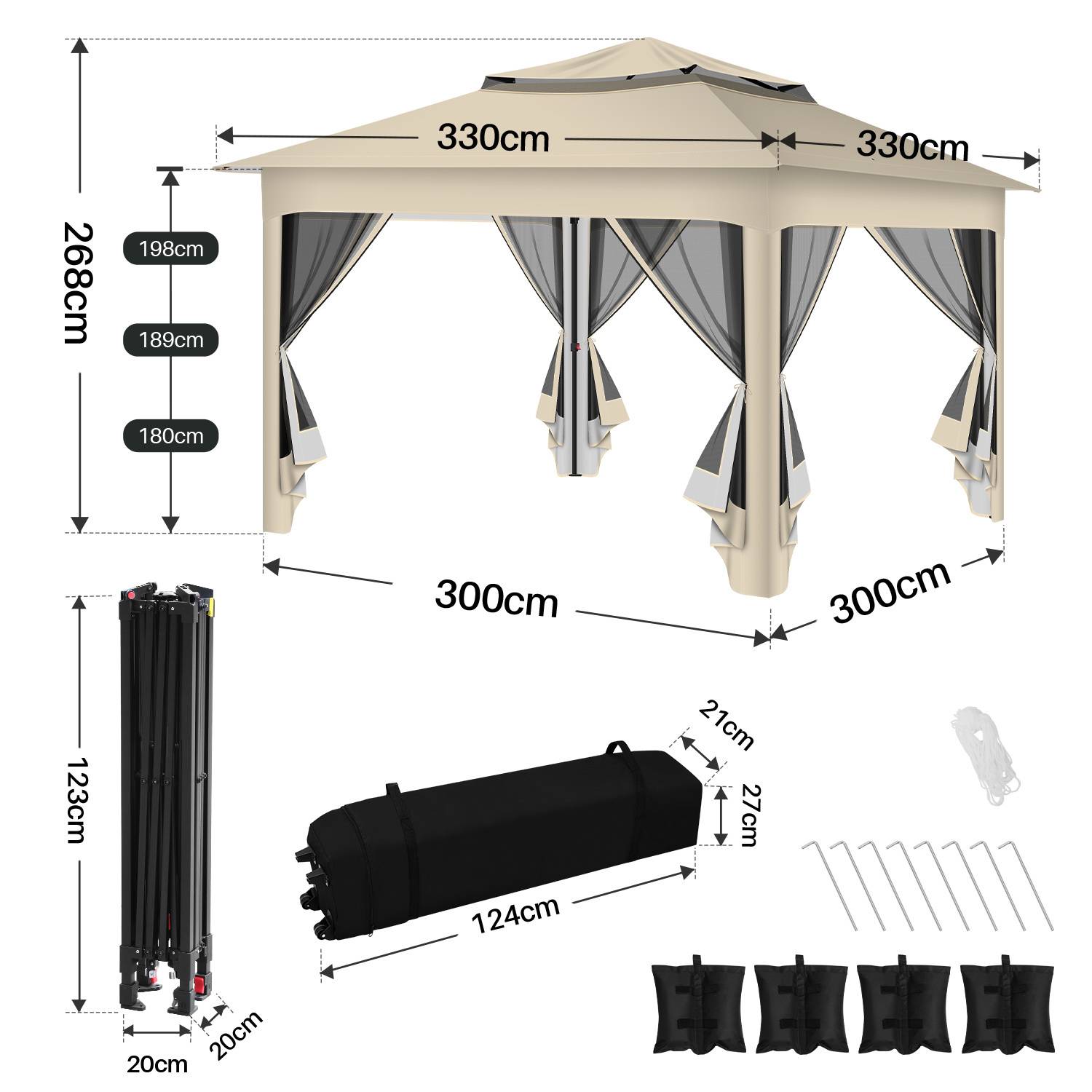 Gazebo-Abmessungen: 330cm x 330cm x 268cm. Enthält zusammengeklapptes Gestell (123cm), Tragetasche, Heringe und Gewichte.