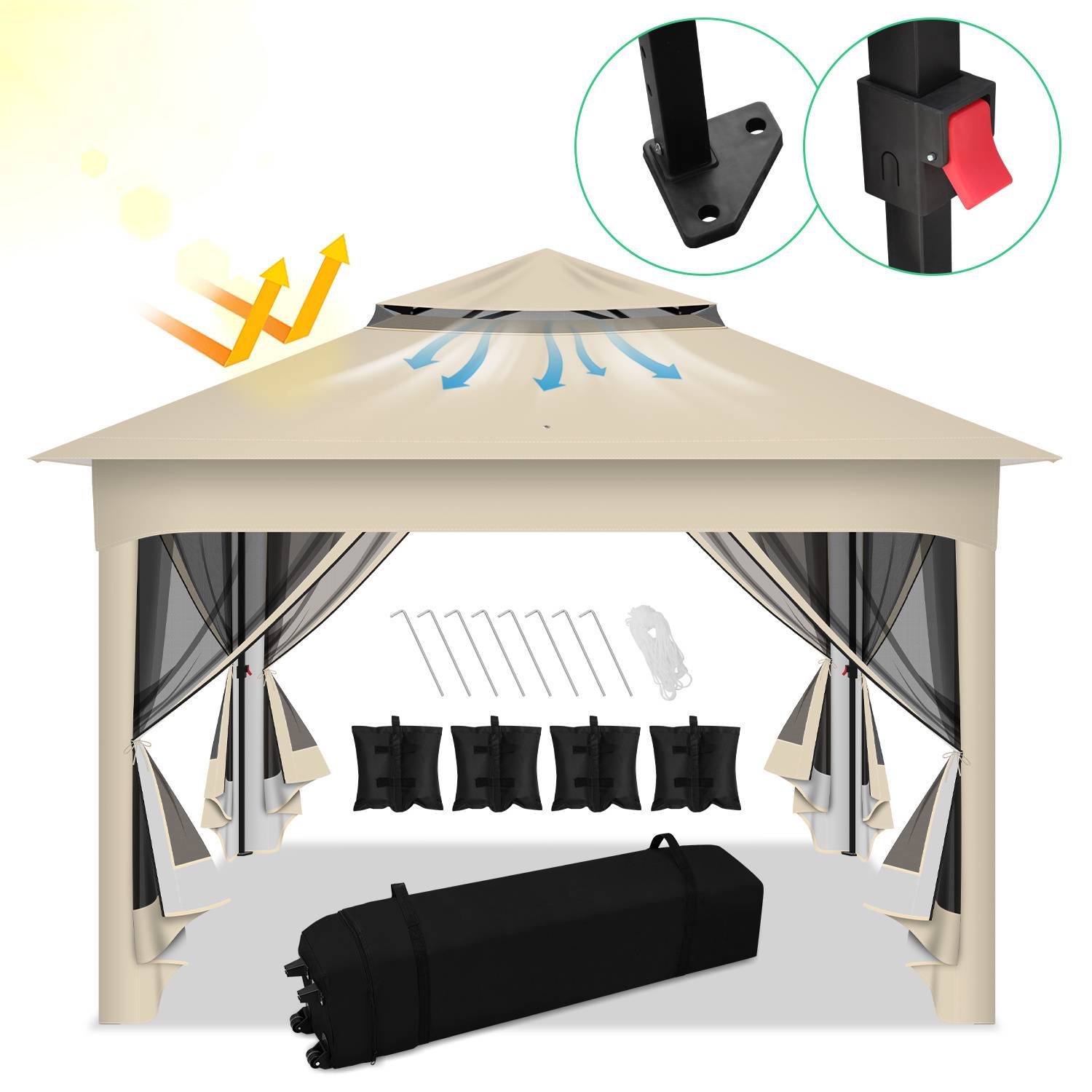 Faltpavillon Pop-up 3,3×3,3 m Gartenpavillon Pavillon mit Moskitonetz & UV-Schutz – Schnellaufbau Sonnenschutz Pavillon mit doppelt belüftetem Dac