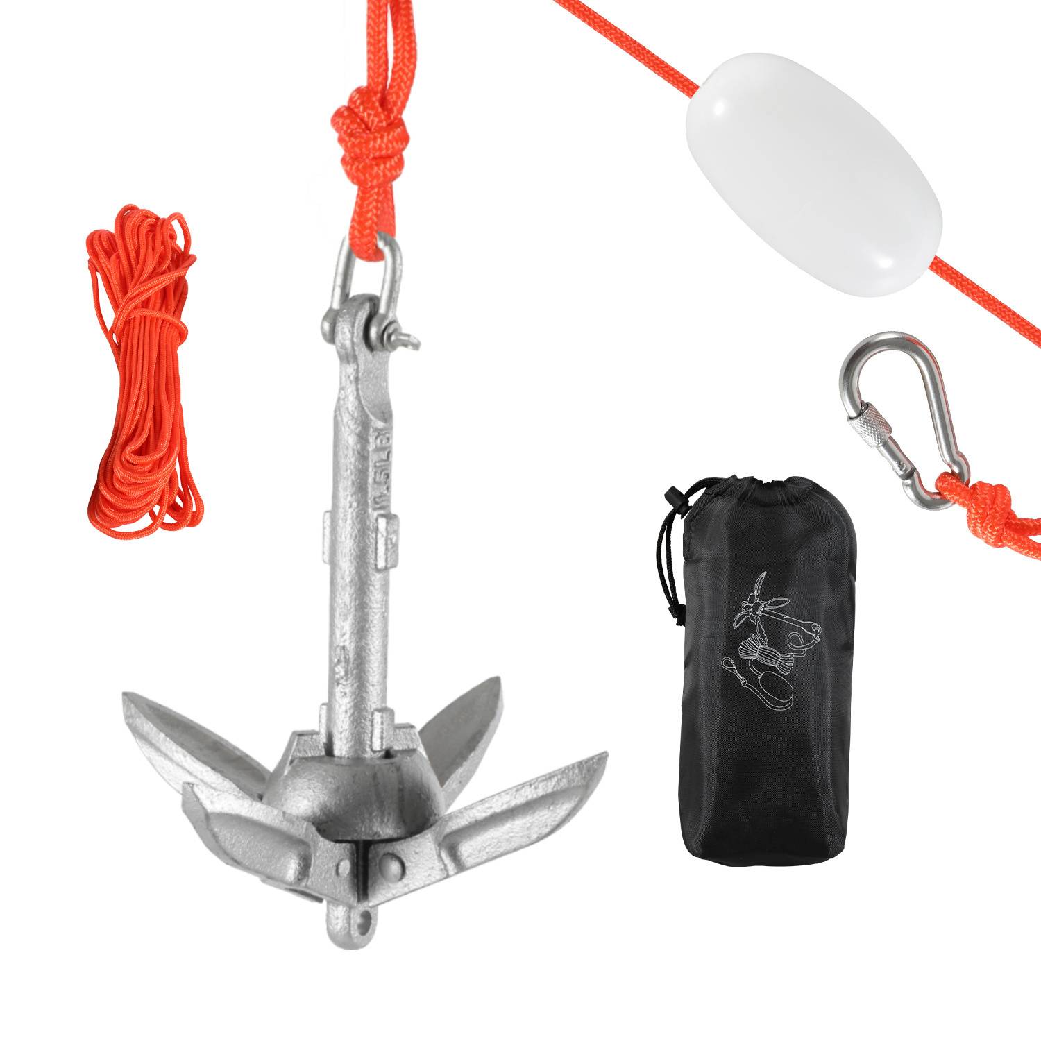 Ein kompaktes Bootsanker-Set umfasst einen Klappanker mit einem roten Seil, eine Boje, einen Metallkarabiner und eine schwarze Transporttasche mit einem Etikett.