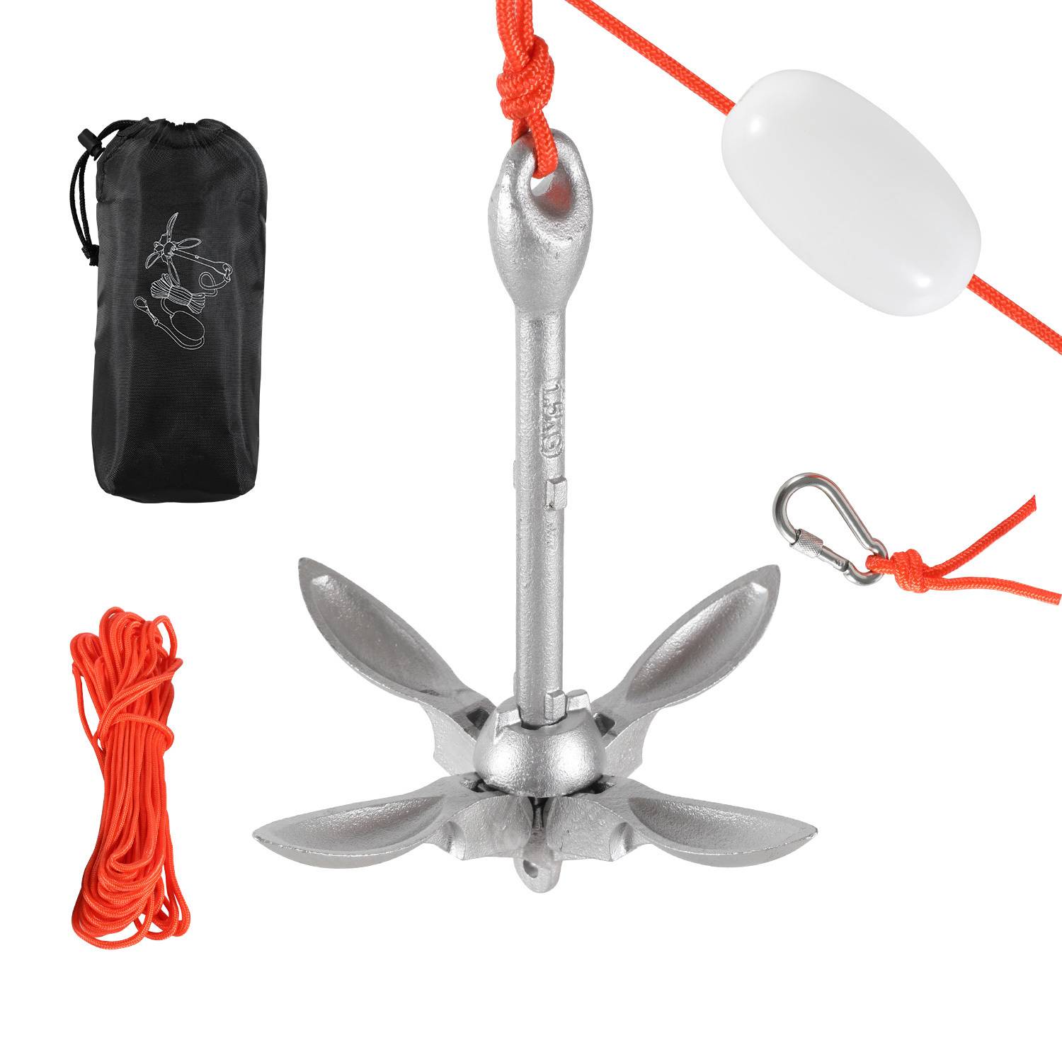 Zusammenklappbares Ankerset mit rotem Seil, Boje und Transporttasche. Wird zum Festmachen von kleinen Booten verwendet.