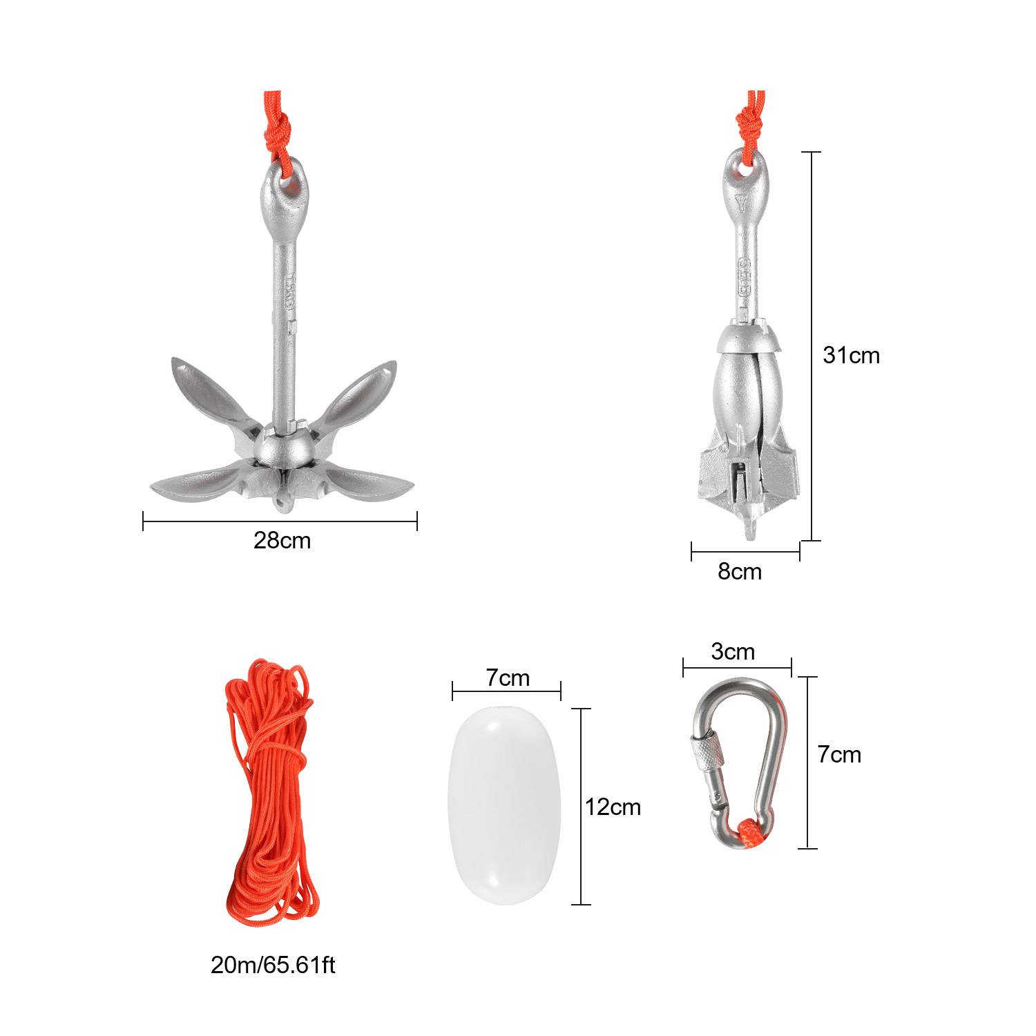 Faltbarer Anker mit Abmessungen 28 cm breit, 31 cm hoch. Inklusive 20 m Seil, 12 cm Boje, Karabiner und Transporttasche. Geeignet für kleine Boote.