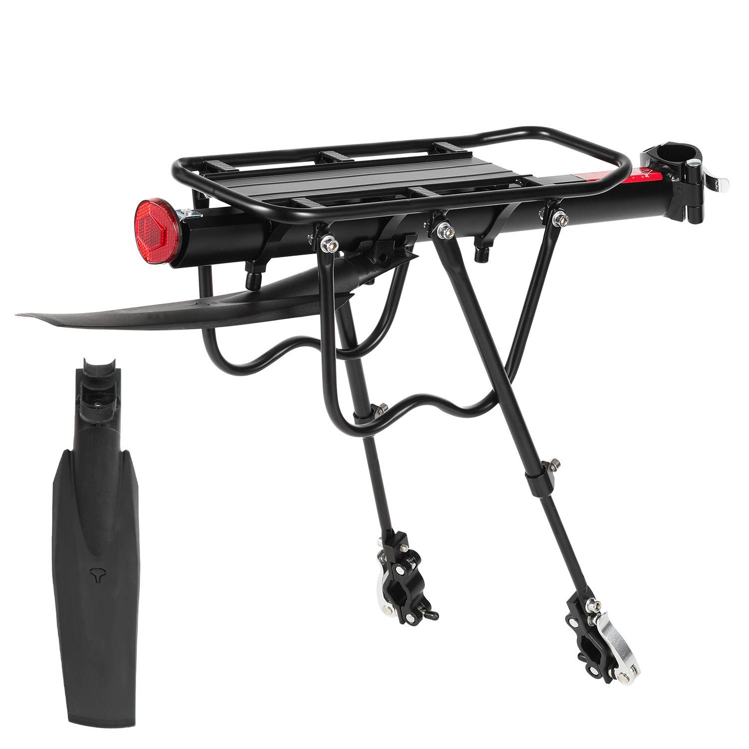 Fahrradträger hinten mit montiertem Rücklicht und Schutzblech, entwickelt zum Transportieren von Lasten und zur Verbesserung der Sichtbarkeit auf der Straße.